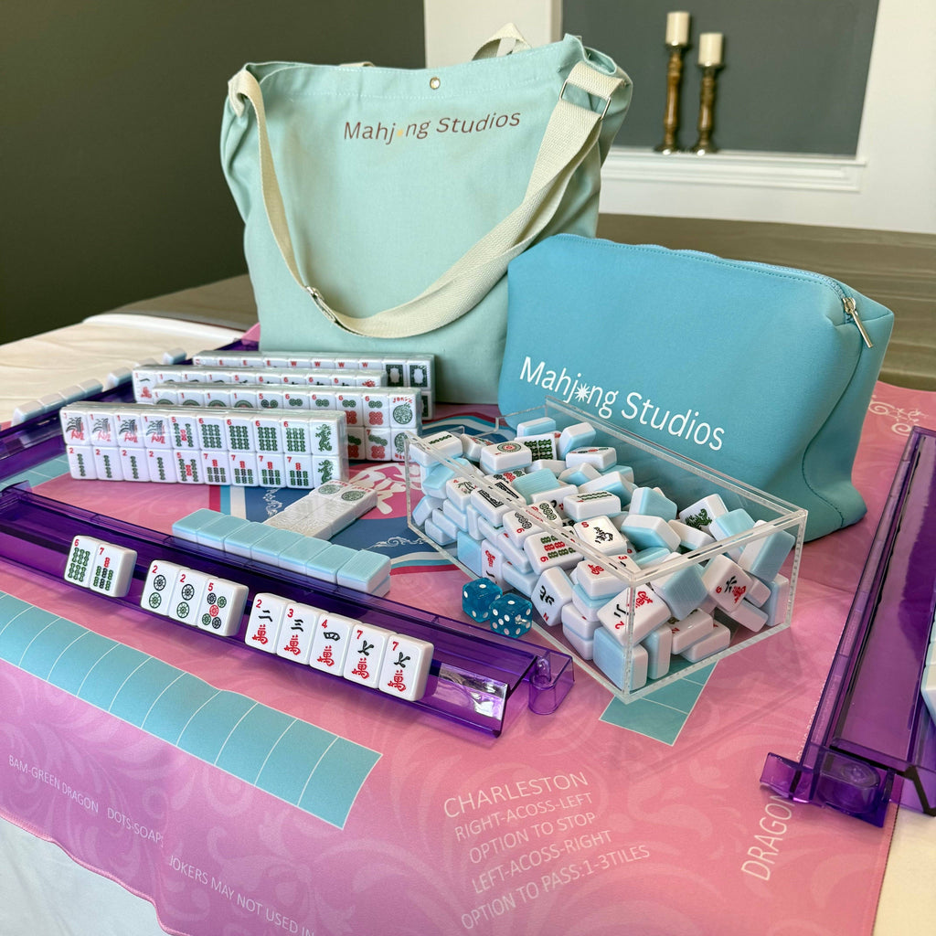 American Mahjong Set 166 Tiles Bundle - Green Bag Pink Mat 2-color blue tiles: Bright Multi