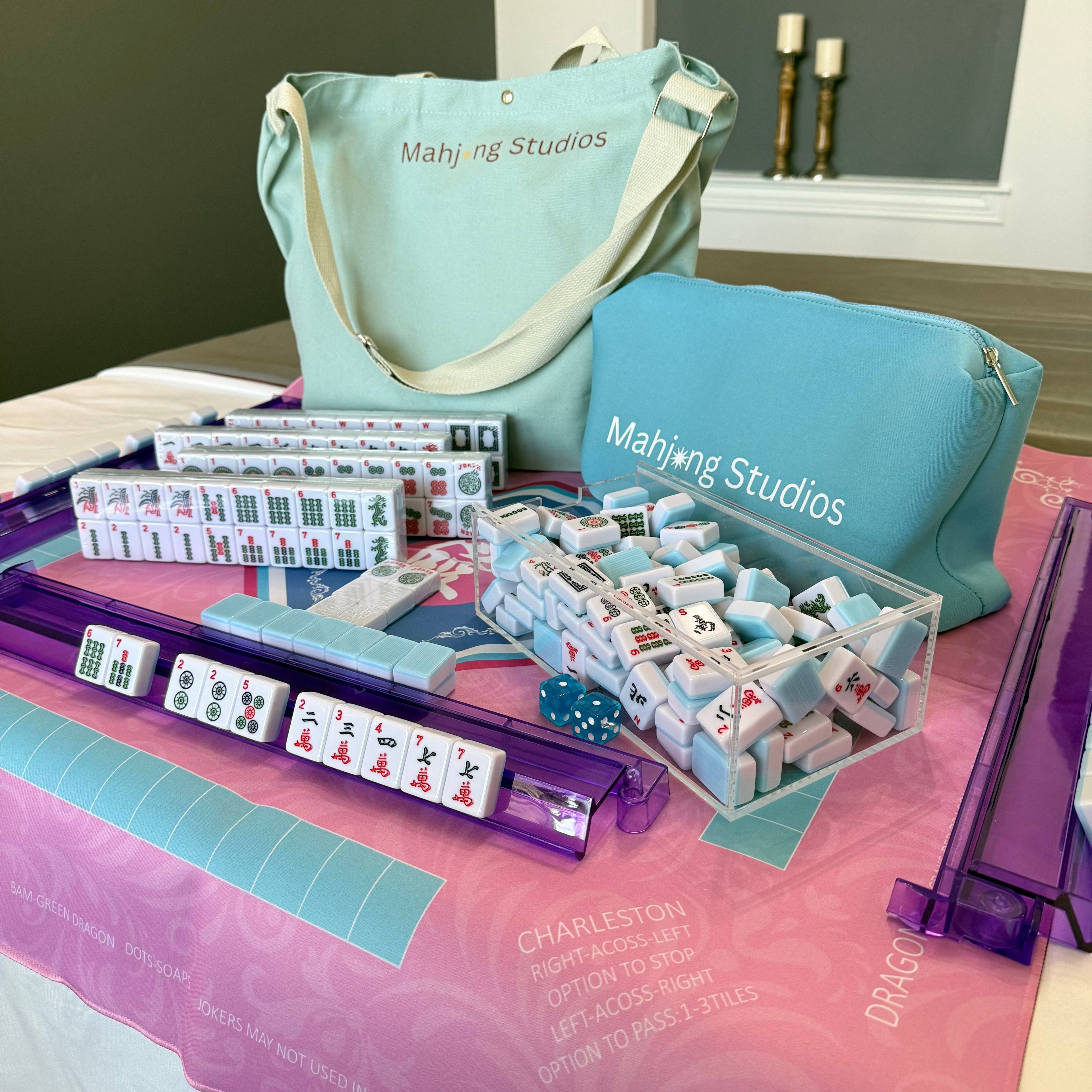 American Mahjong Set 166 Tiles Bundle - Green Bag Pink Mat 2-color blue tiles: Bright Multi