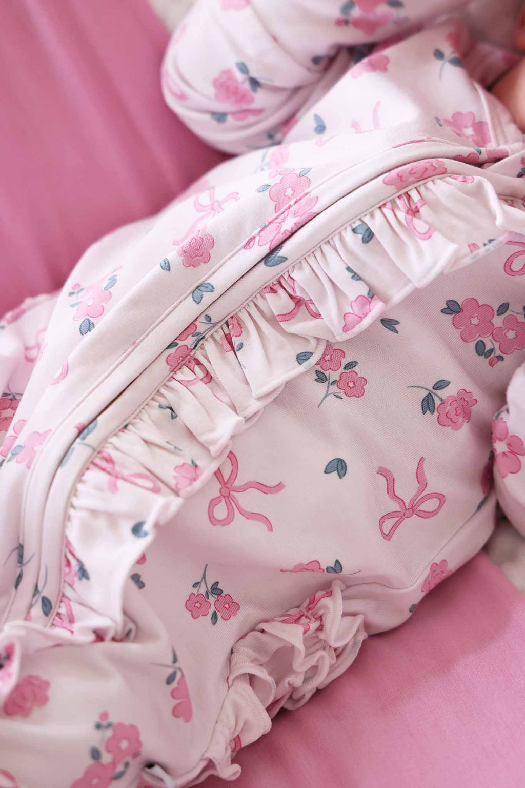 Ribbon & Roses Ruffle Zipper Footie | Pink: 6-9 months