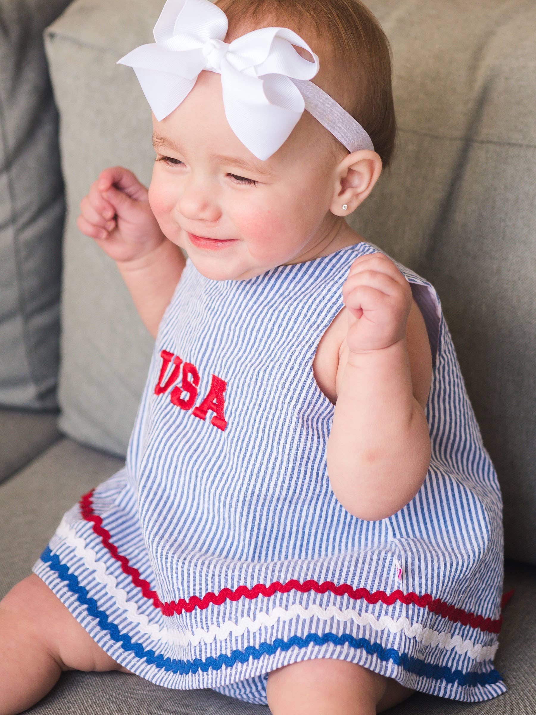 Baby Girls Americana Classic Blue Seersucker Ric Rac Swing Top & Bloomer Set: 0-3m