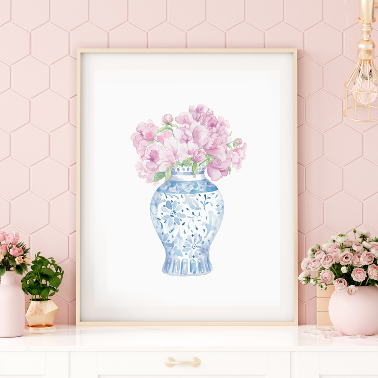 Ginger Jar with Peonies Watercolor Art Print: 5x7