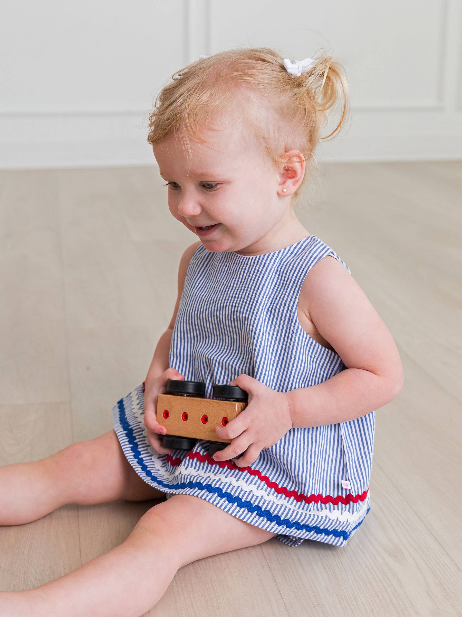 Baby Girls Americana Classic Blue Seersucker Ric Rac Swing Top & Bloomer Set: 18-24m
