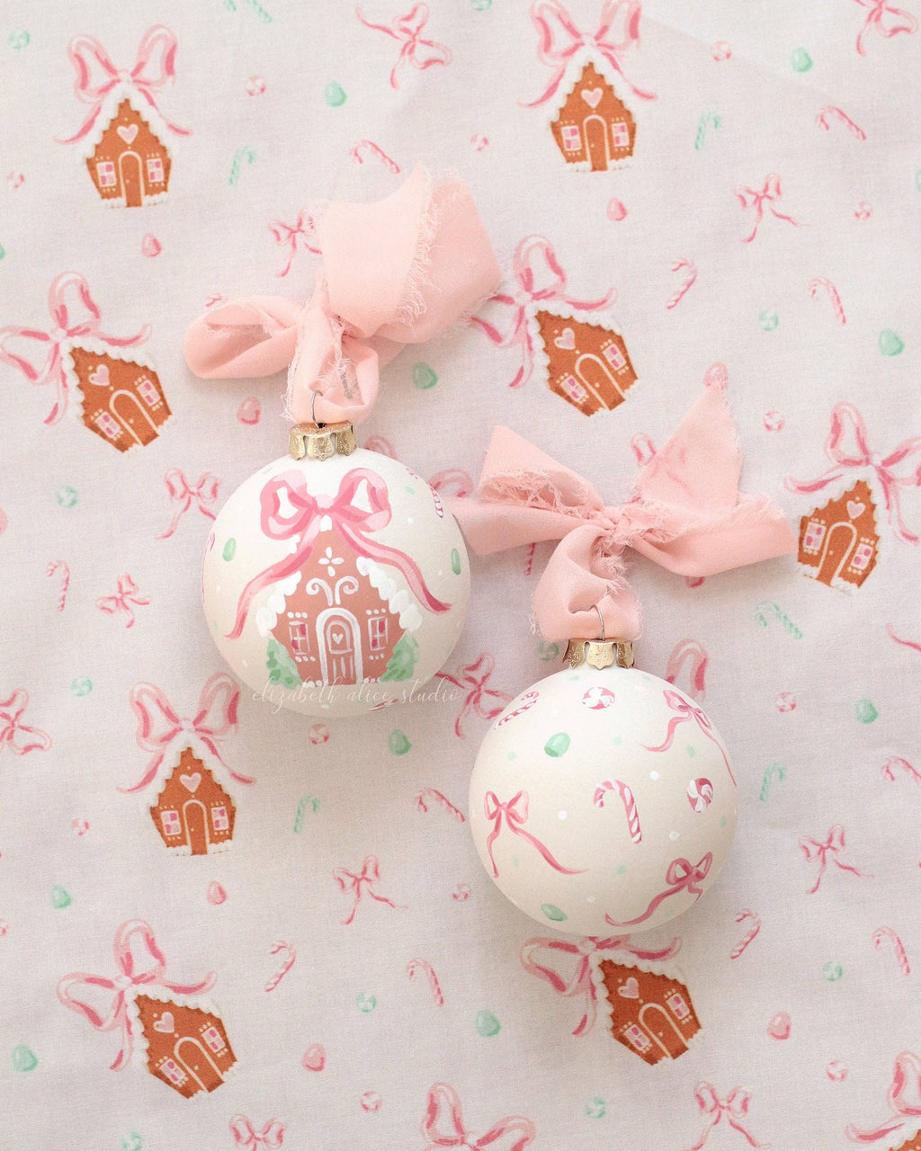 Pink gingerbread house hand-painted ornament: No year (bows and candy on reverse)