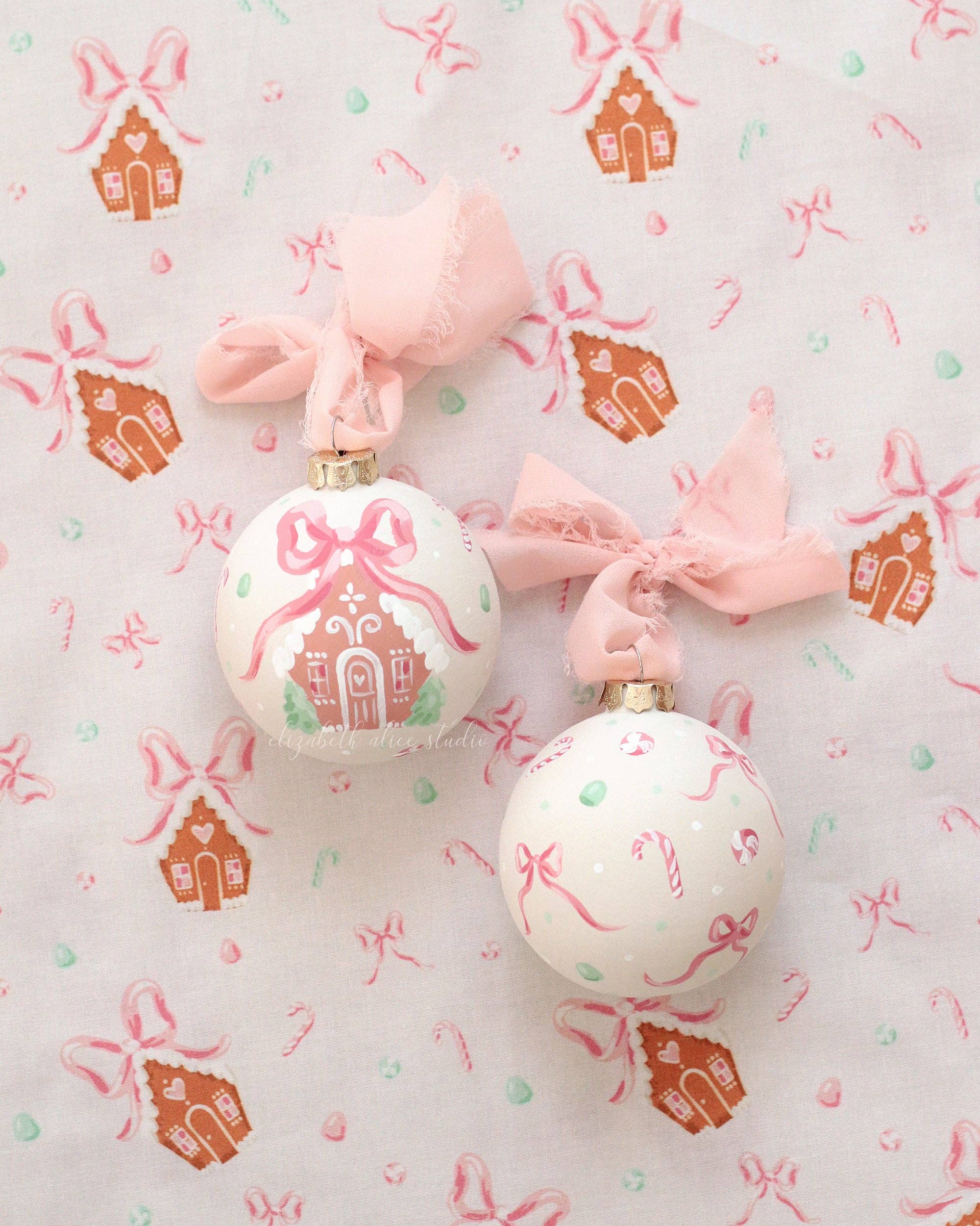 Pink gingerbread house hand-painted ornament: No year (bows and candy on reverse)