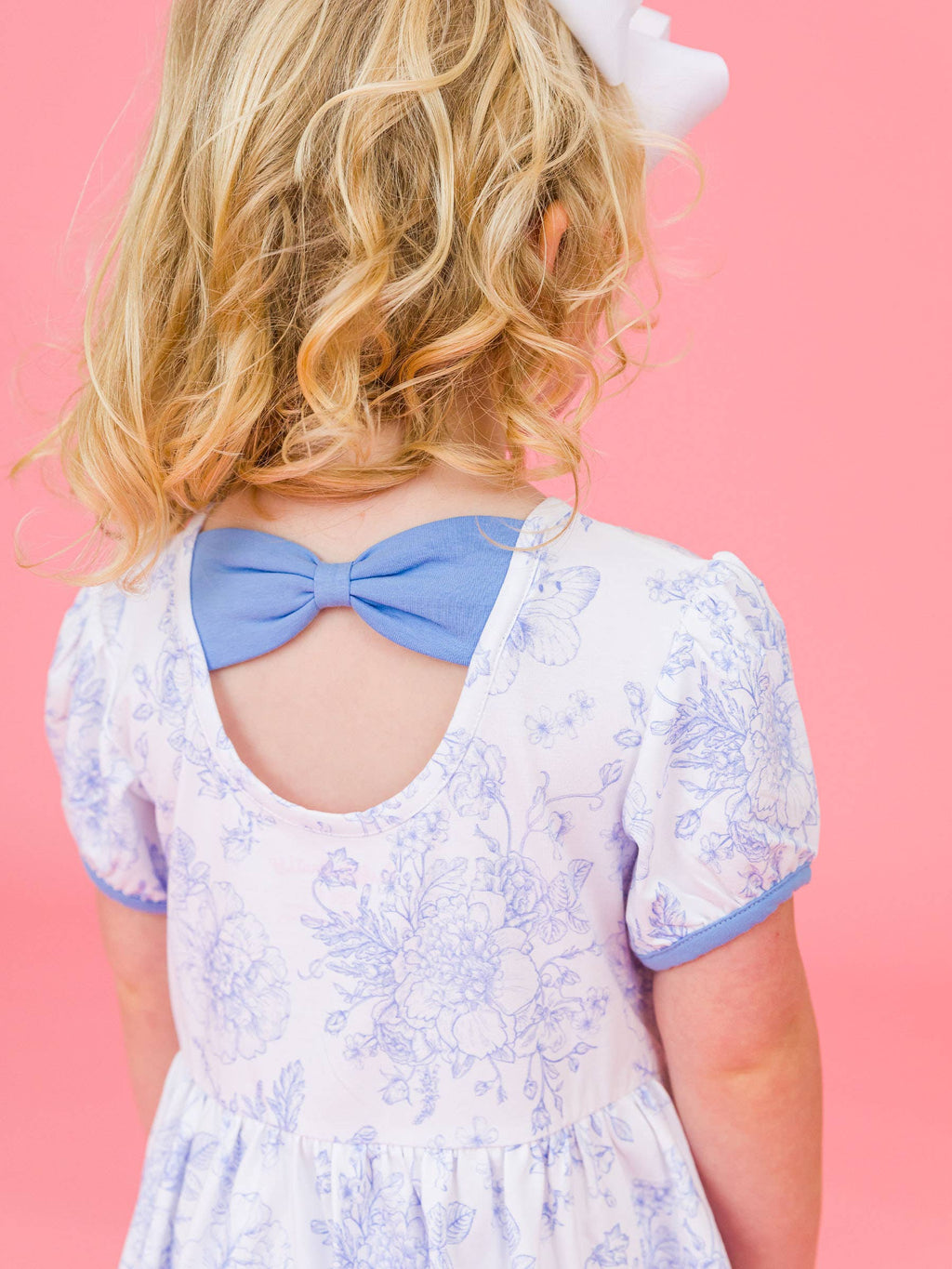 Girls Periwinkle Butterfly Garden Puff Short Sleeve Bow Twirl Dress: Blue / 4T