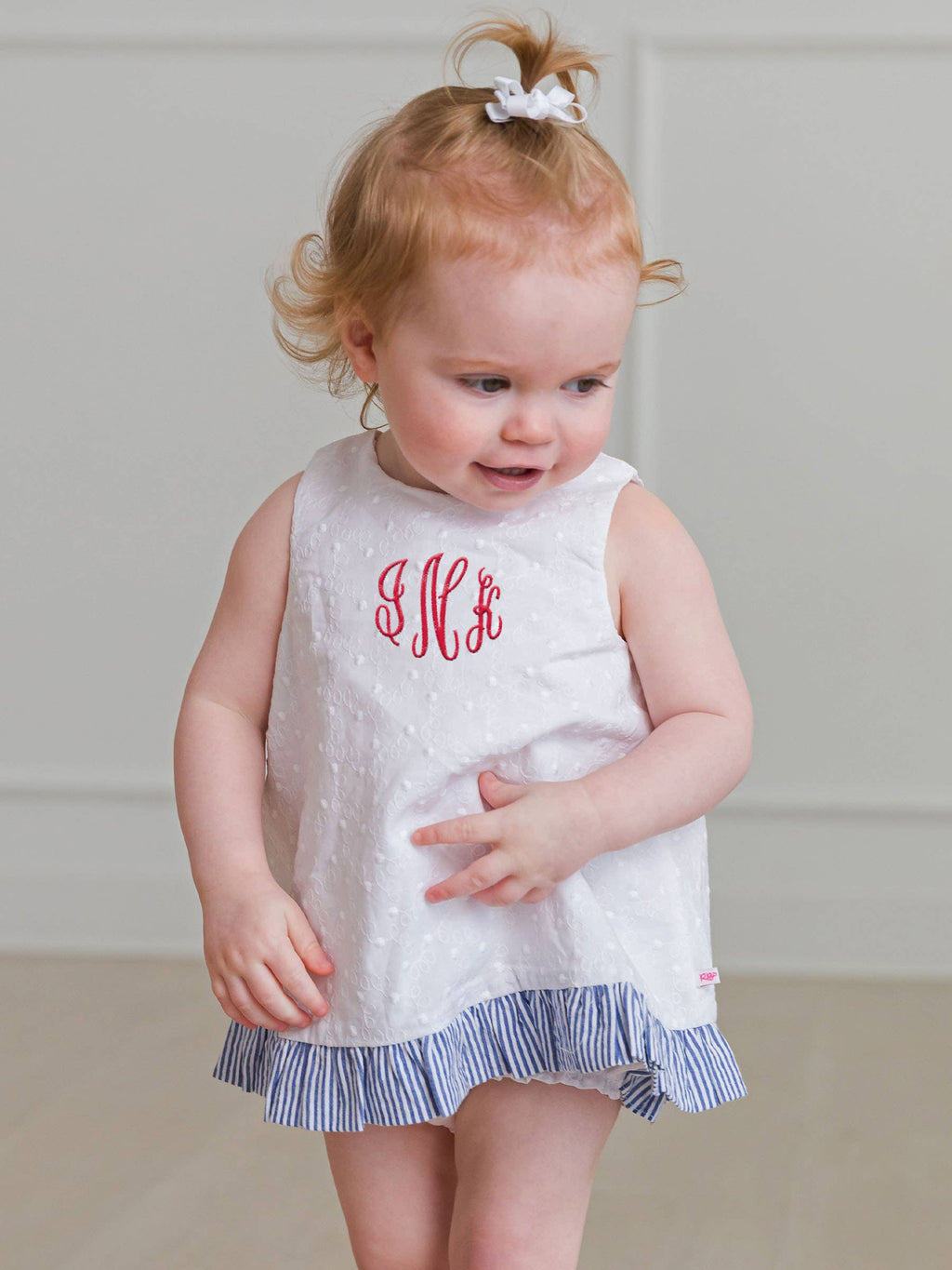 Baby Girls White & Classic Blue Seersucker Swiss Dot Swing Top & Bloomer Set: 3-6m