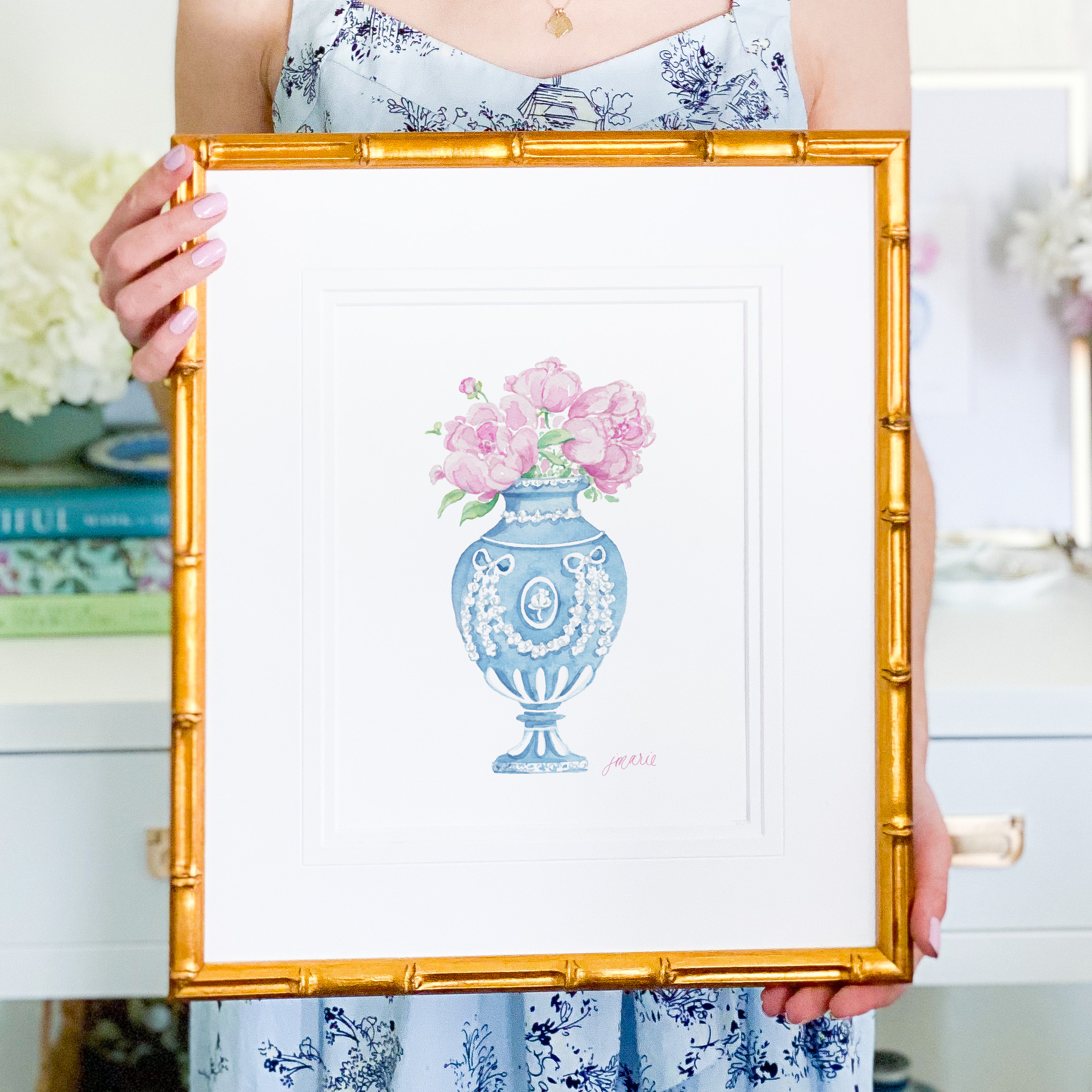 Wedgwood Vase with Peonies Watercolor Art Print: 8x10