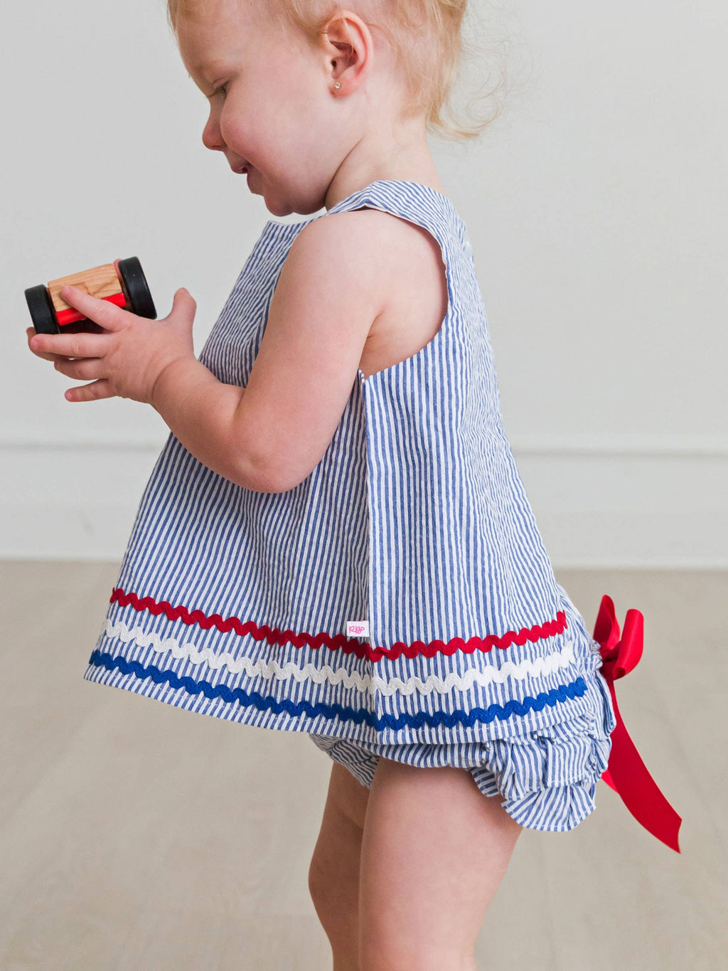 Baby Girls Americana Classic Blue Seersucker Ric Rac Swing Top & Bloomer Set: 18-24m