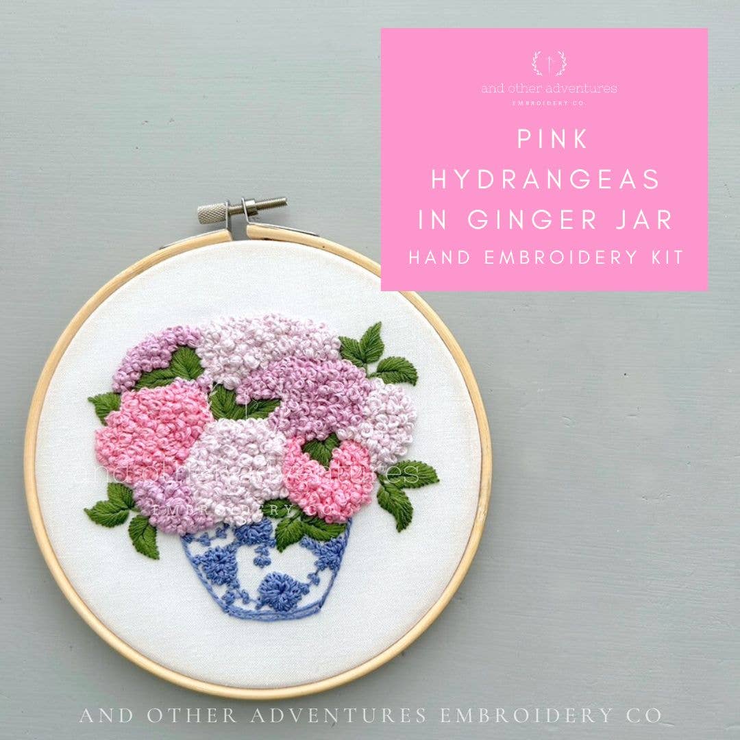 Hand Embroidery Kit - Pink Hydrangeas in Ginger Jar