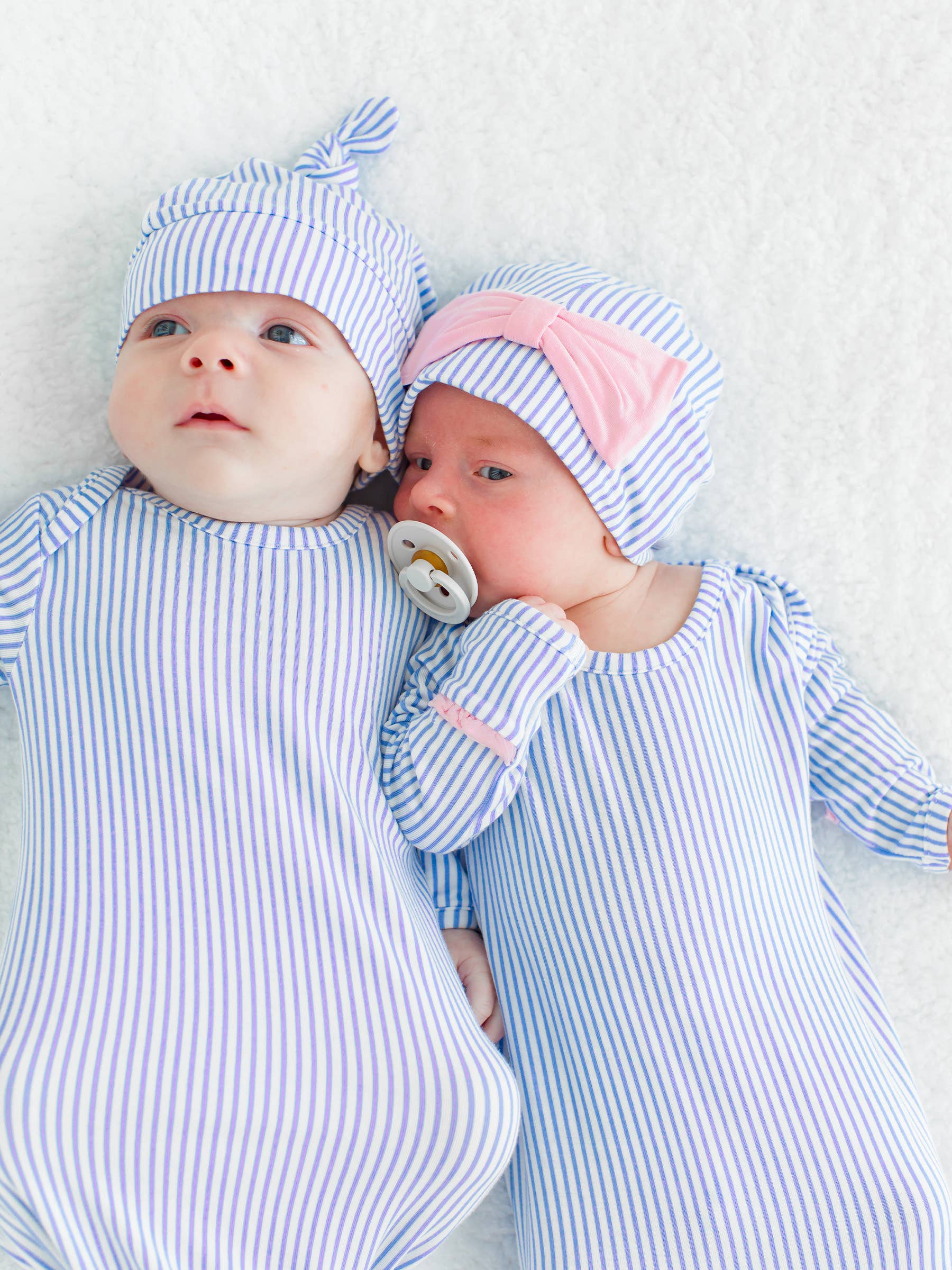 SoftSnooze™ Baby Boys Bamboo Viscose Periwinkle & White Micro Stripe Knotted Sleep Gown & Hat Set: Blue / Newborn-3m