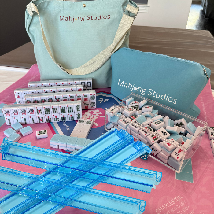 American Mahjong Set 166 Tiles Bundle - Green Bag Pink Mat 2-color blue tiles: Bright Multi
