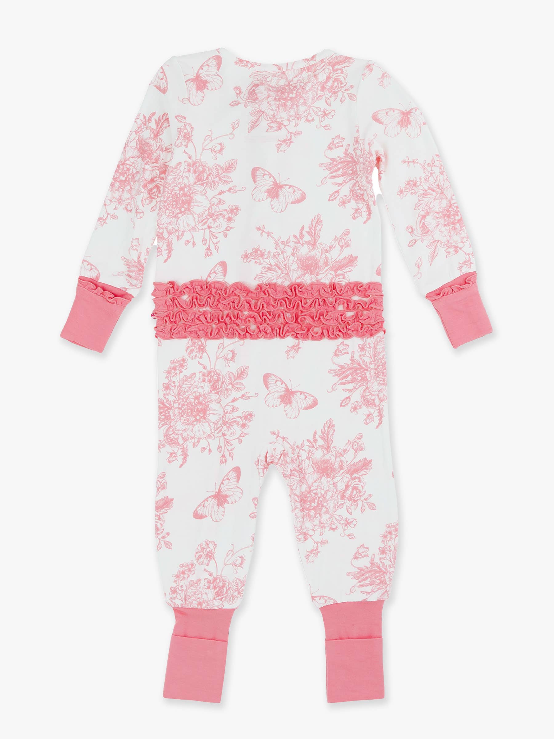 SoftSnooze™ Baby Girls Bamboo Viscose Pink Butterfly Garden Toile Convertible Ruffle One Piece Footie Pajama: White / 6-12m