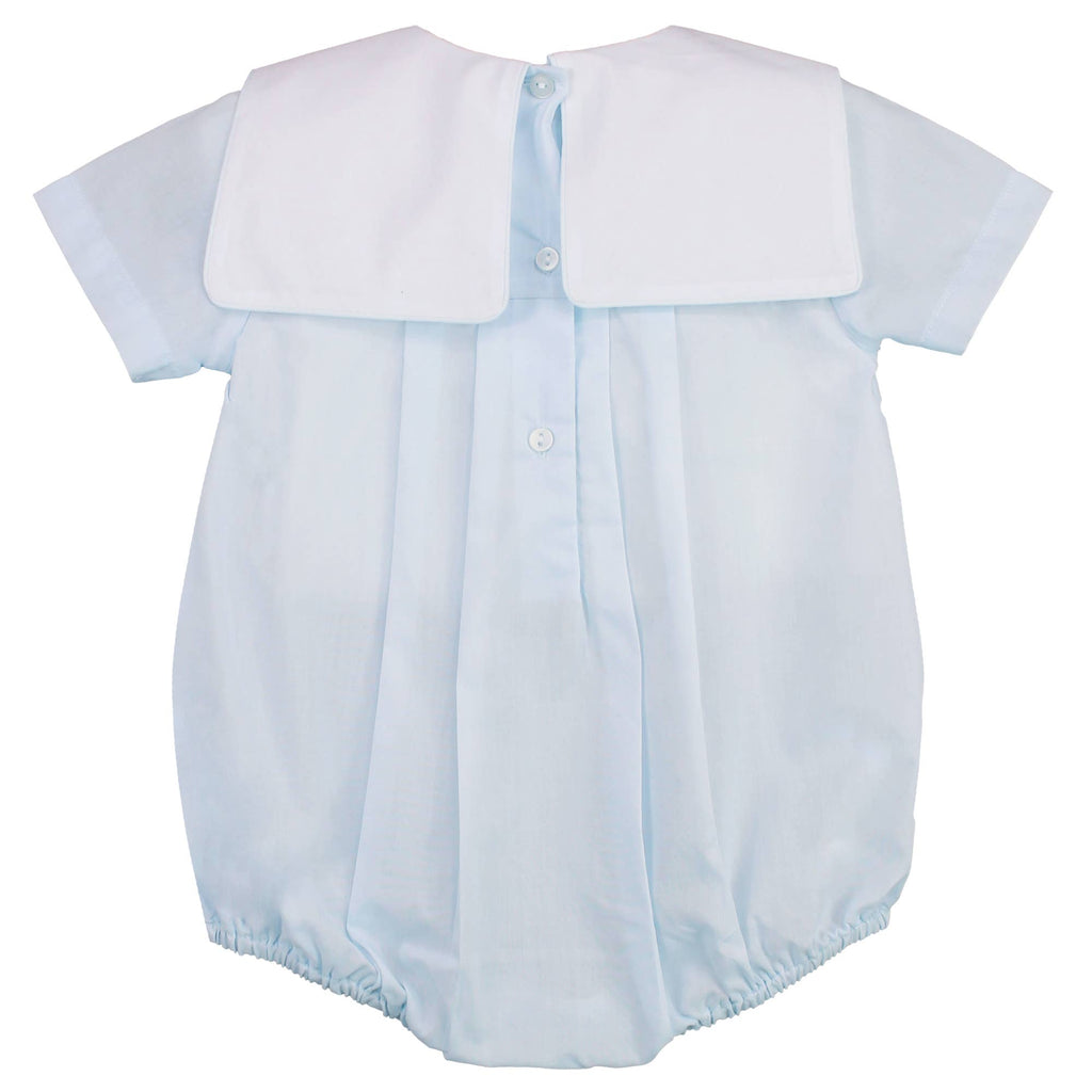 Romper with Train Embroidery in Blue: 9 Month