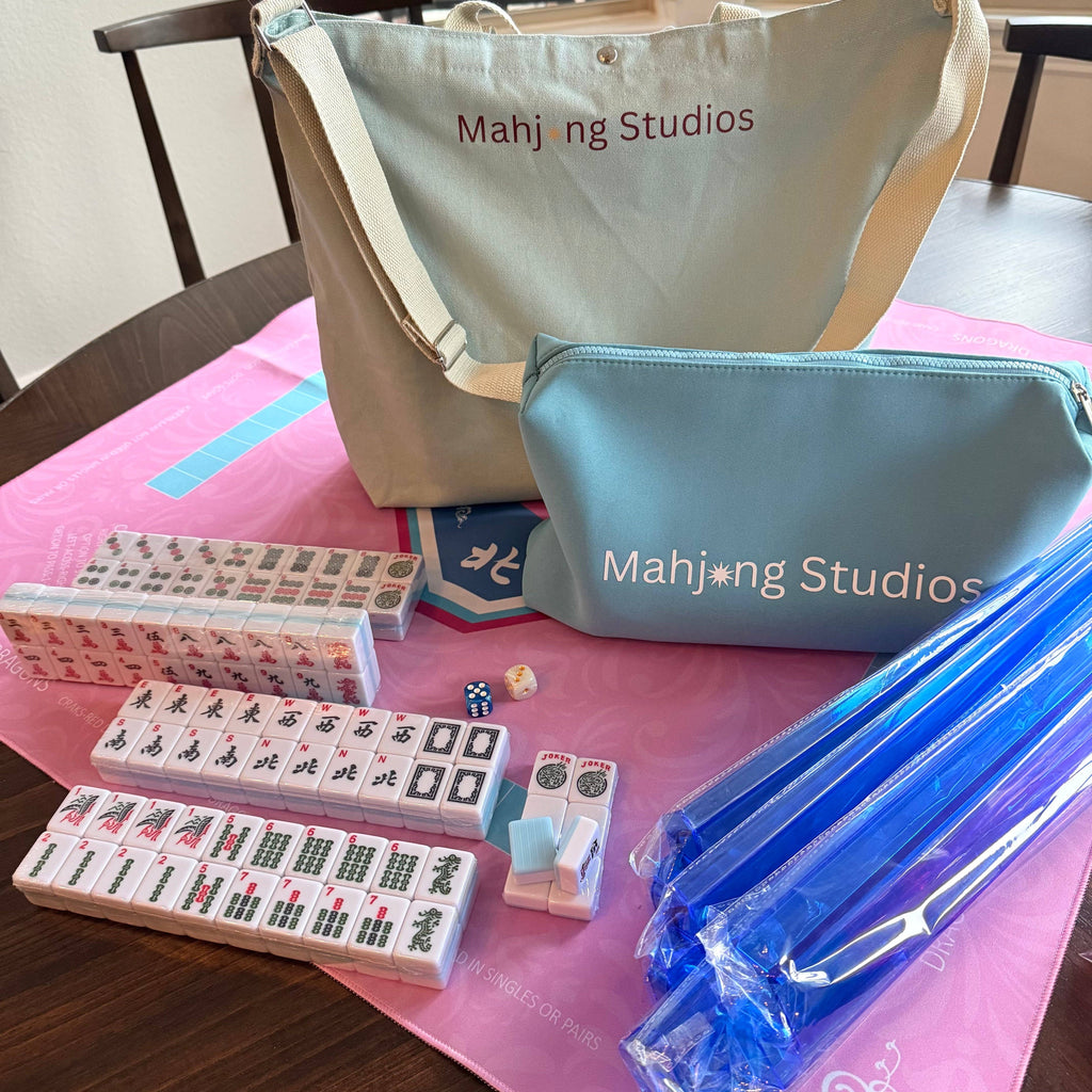 American Mahjong Set 166 Tiles Bundle - Green Bag Pink Mat 2-color blue tiles: Bright Multi