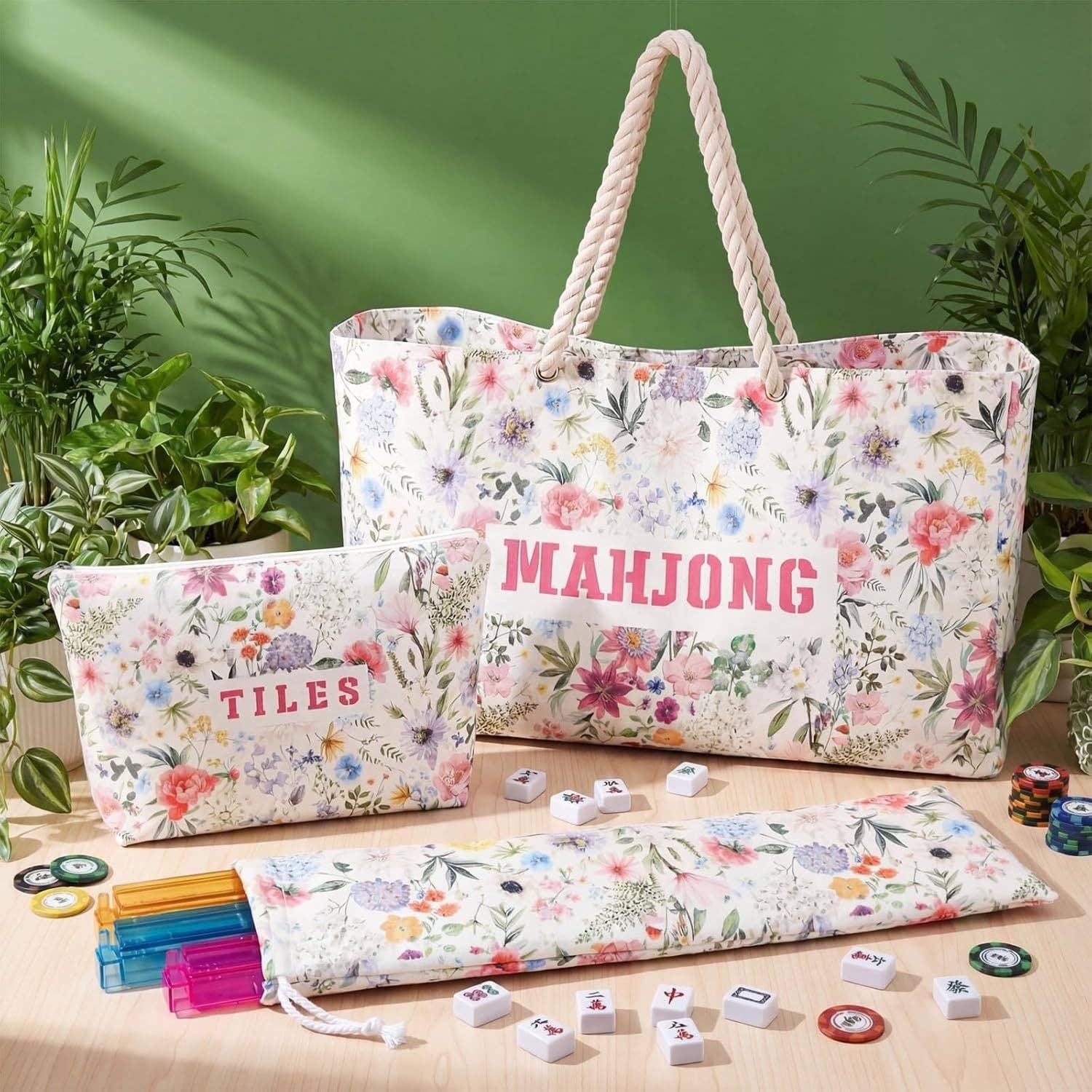American Mahjong Storage Bag Set, Beige Floral Print 3-Piece Organizer: Light-blue