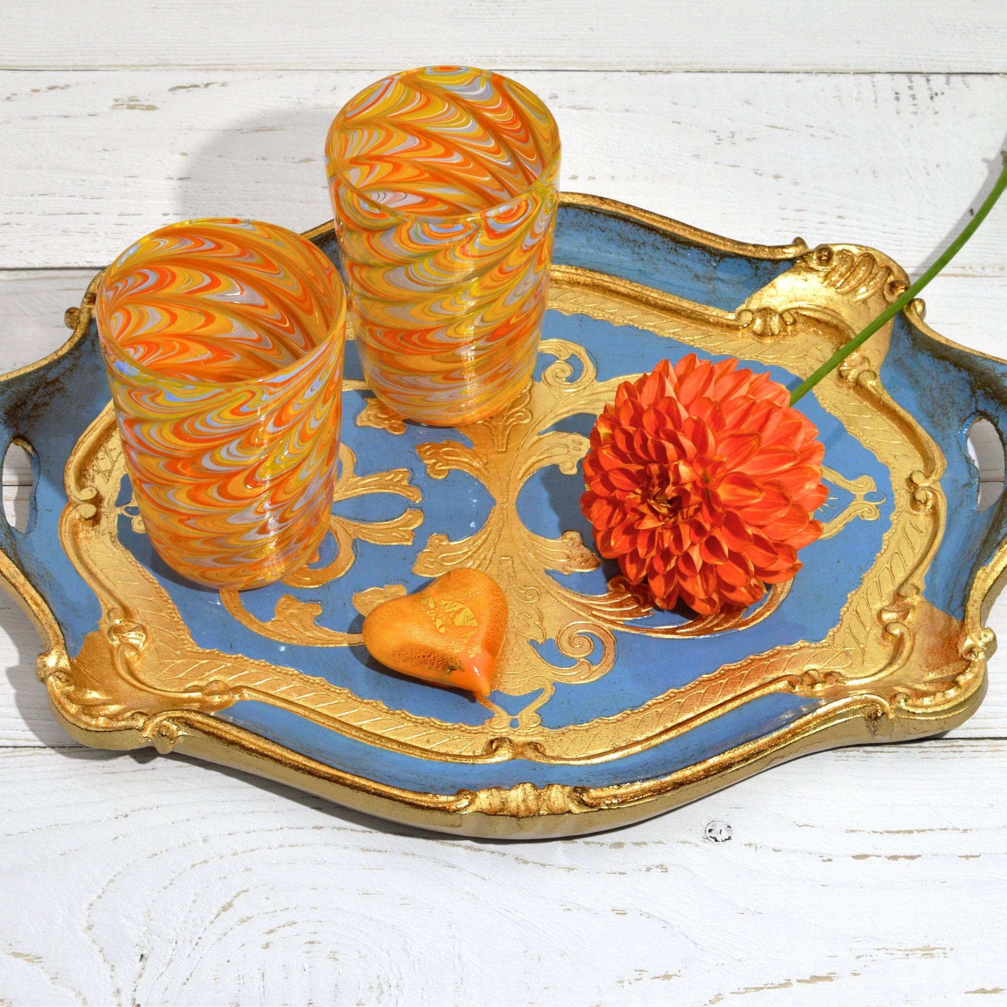 Florentine Carved Oval Scalloped Wood Tray with Handles: Capri Blue / Large
