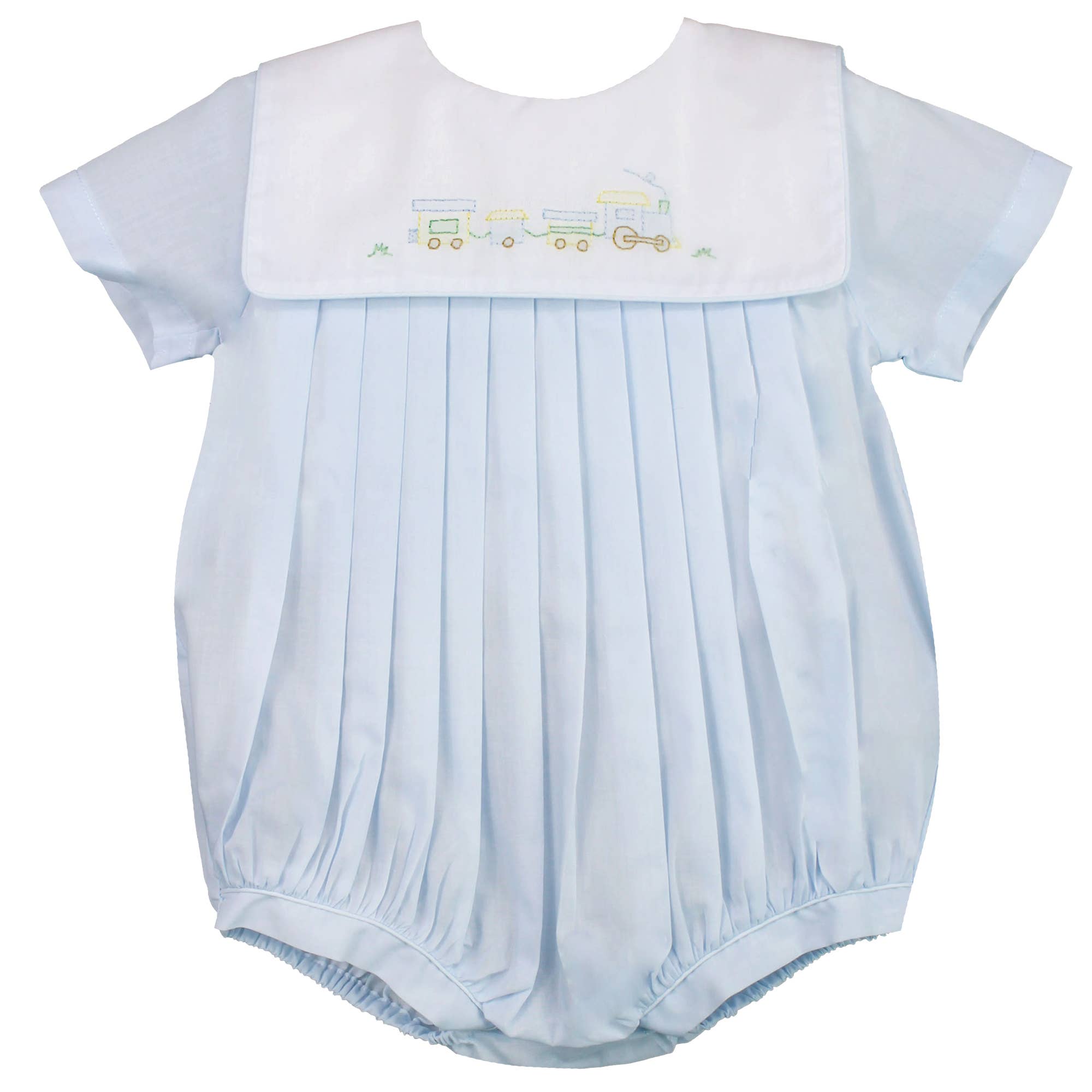 Romper with Train Embroidery in Blue: 9 Month