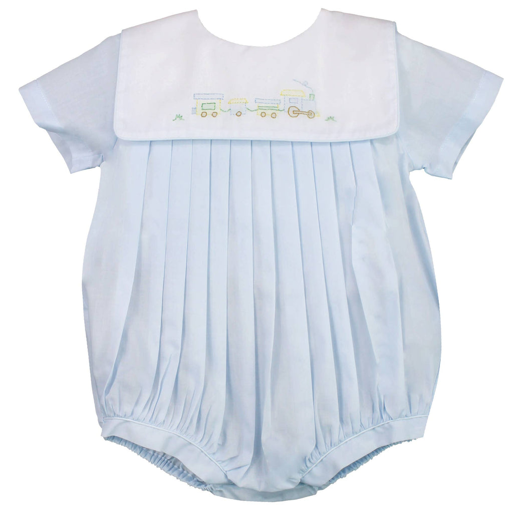 Romper with Train Embroidery in Blue: Newborn