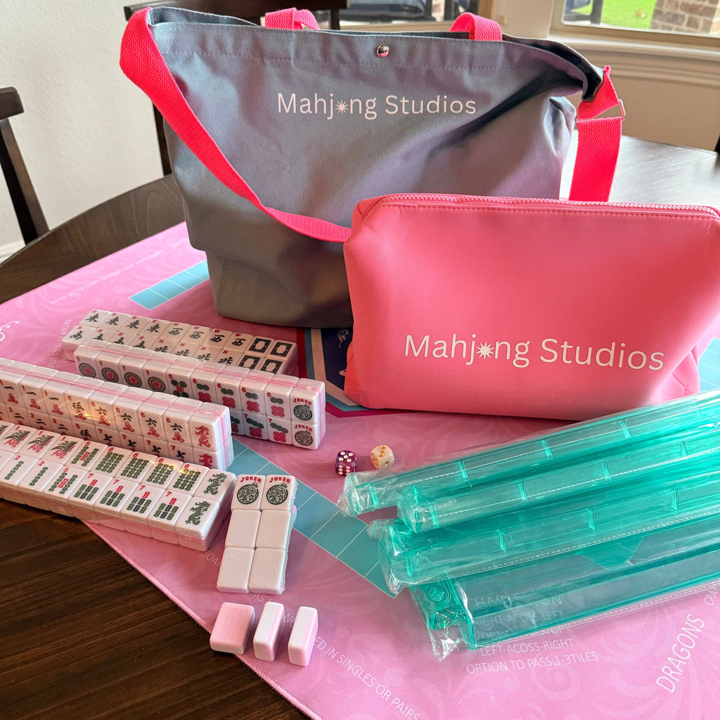 All In One - Mahjong Bundle - American Mahjong Set 166 2-Color Tiles - Pink Tiles and Mat: No Rack