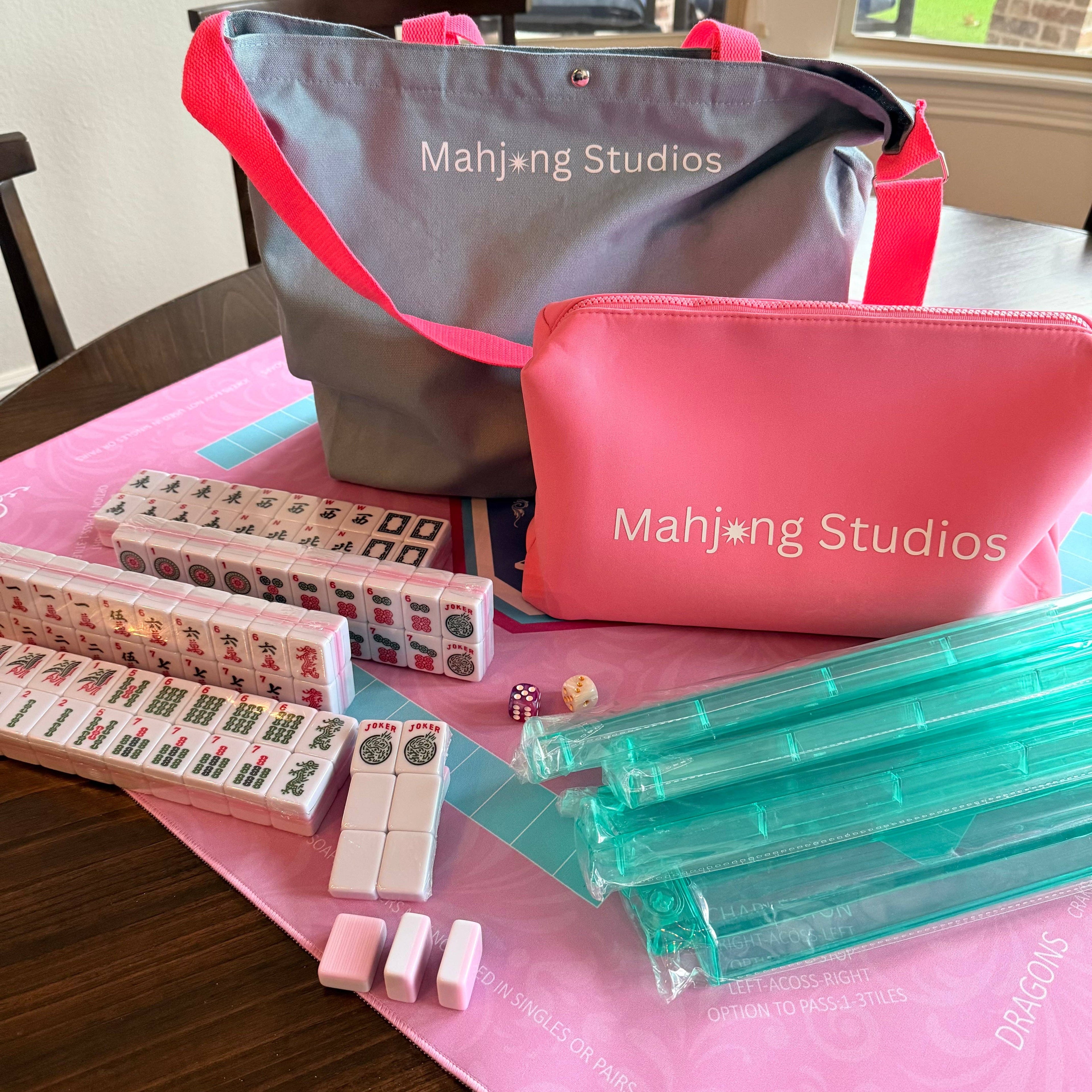 All In One - Mahjong Bundle - American Mahjong Set 166 2-Color Tiles - Pink Tiles and Mat: No Rack