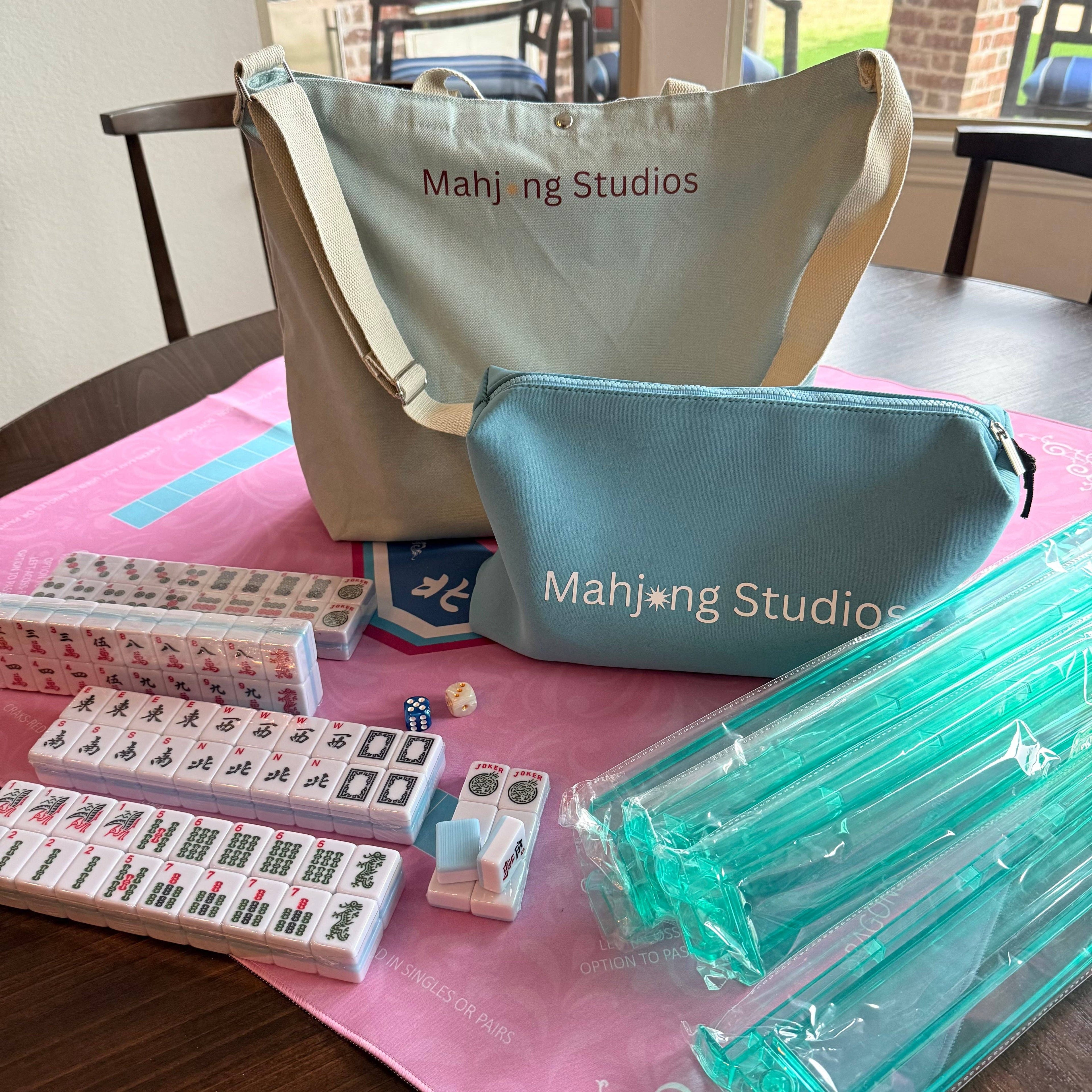 American Mahjong Set 166 Tiles Bundle - Green Bag Pink Mat 2-color blue tiles: Bright Multi
