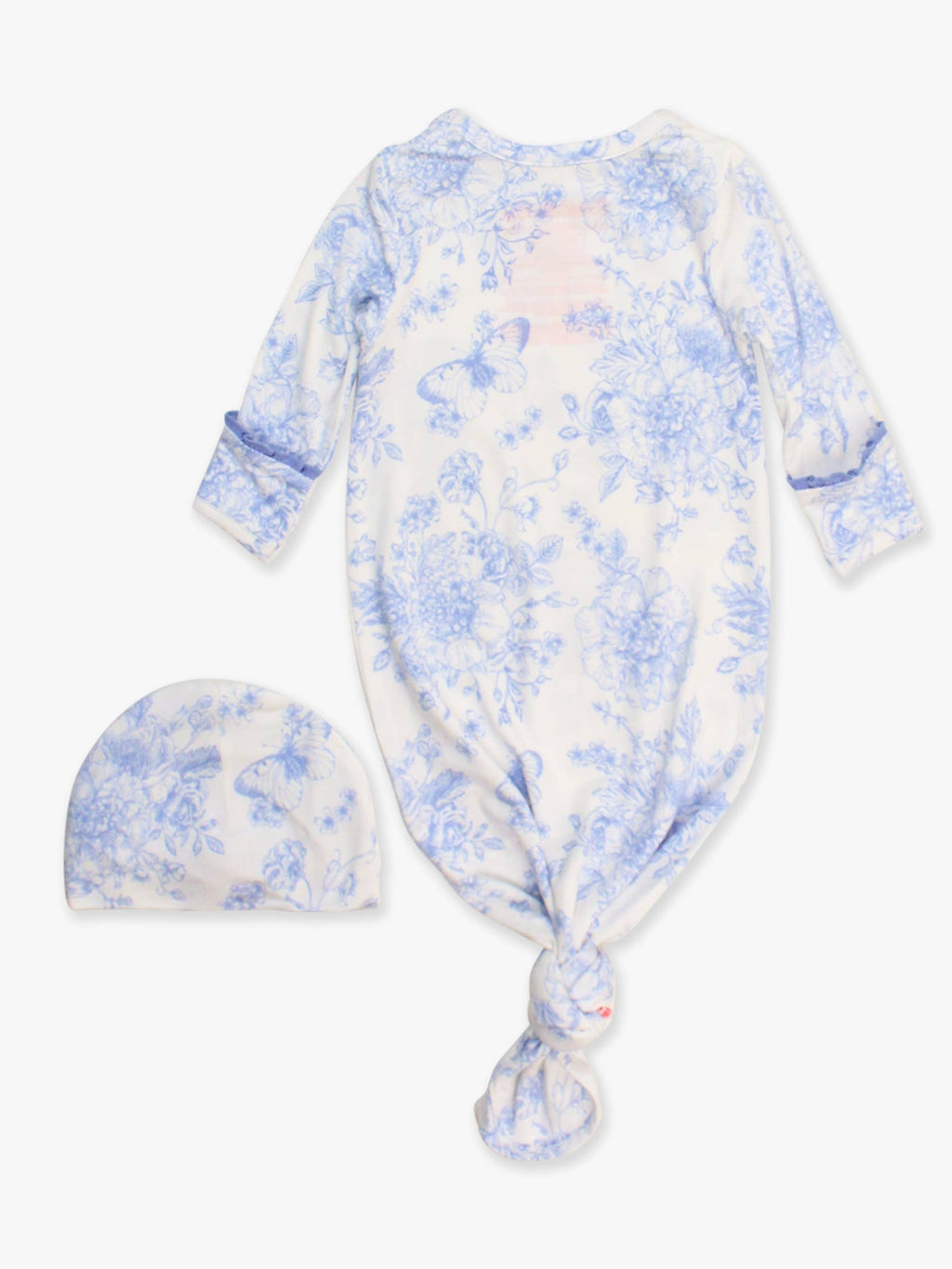 SoftSnooze™ Baby Girls Bamboo Viscose Periwinkle Butterfly Garden Ruffle Knotted Sleep Gown & Bow Hat Set: Blue / Newborn-3m