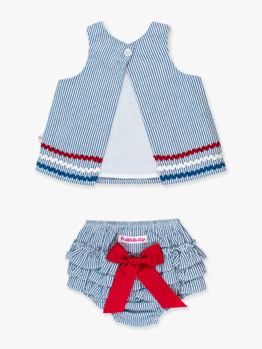 Baby Girls Americana Classic Blue Seersucker Ric Rac Swing Top & Bloomer Set: 18-24m