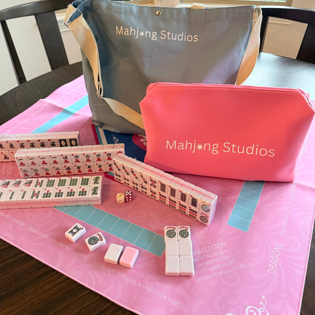 All In One - Mahjong Bundle - American Mahjong Set 166 Tiles - Blue & Tan Bag Pink Mat 2-color Pink Tiles: Purple