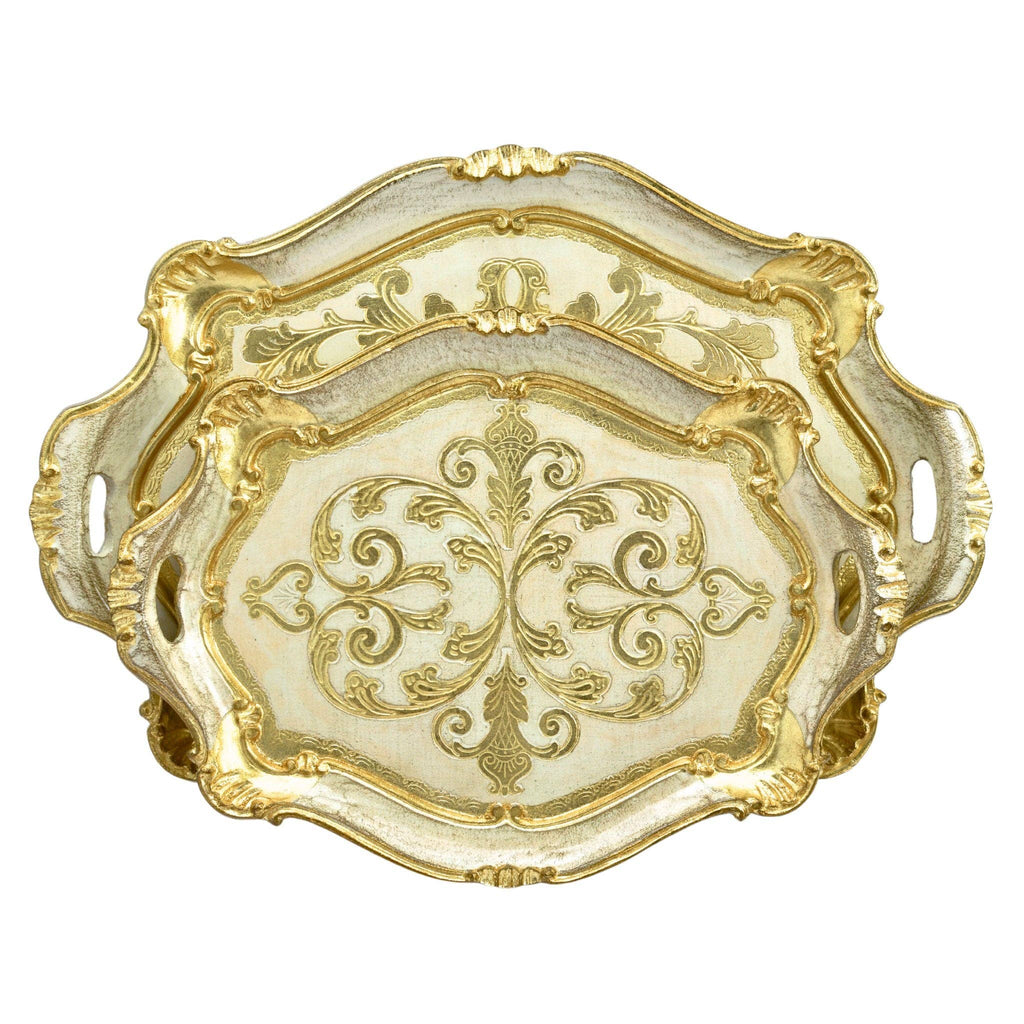 Florentine Carved Oval Scalloped Wood Tray with Handles: Pink / Large
