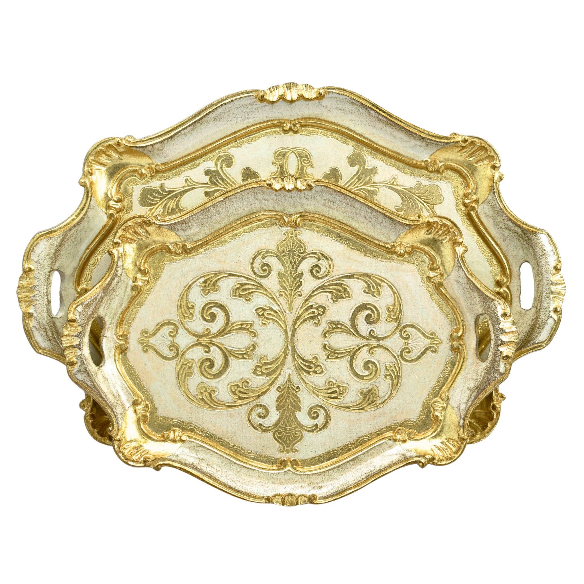 Florentine Carved Oval Scalloped Wood Tray with Handles: Pink / Medium