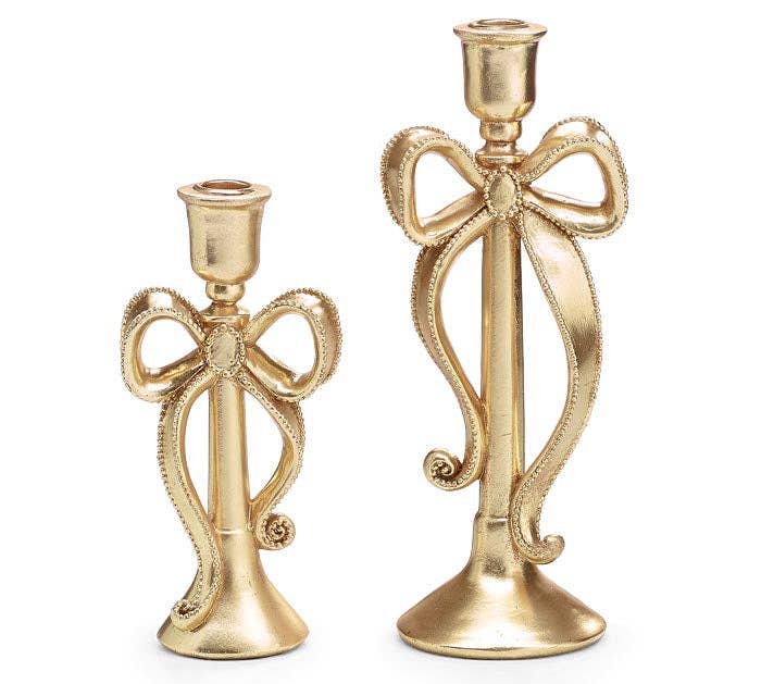 11.75 & 8.5 GOLD BOW CANDLEHOLDERS - SET of 2