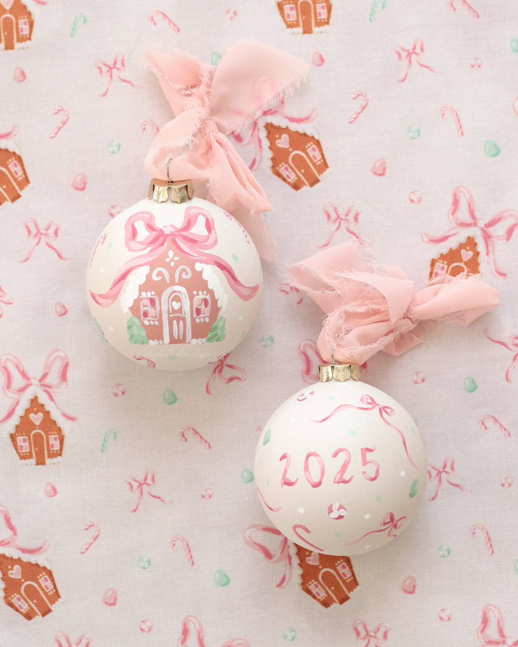 Pink gingerbread house hand-painted ornament: No year (bows and candy on reverse)