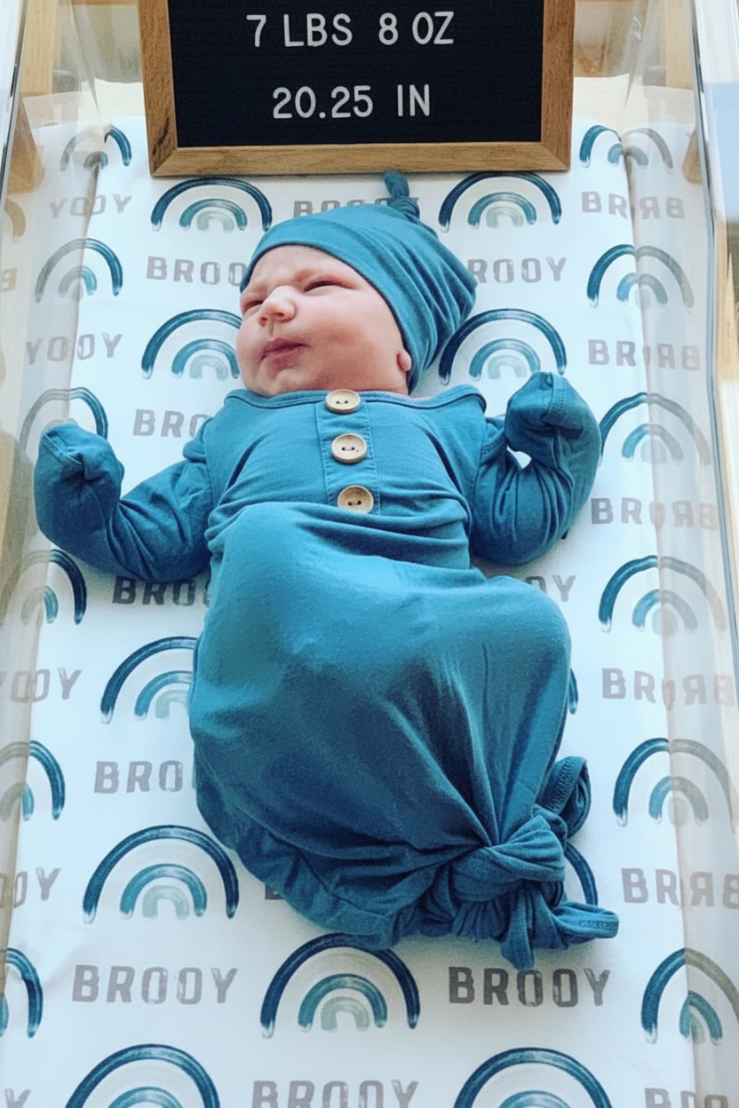 Solid Dusty Blue Bamboo Baby Knot Gown & Hat: Newborn / 7-14lbs+