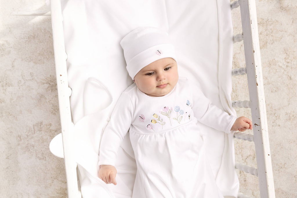 Garden Embroidered Cotton Gown w/Hat: White / NB