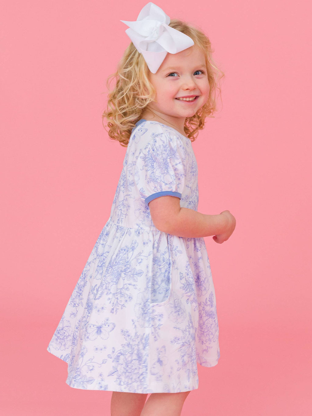 Girls Periwinkle Butterfly Garden Puff Short Sleeve Bow Twirl Dress: Blue / 18-24m