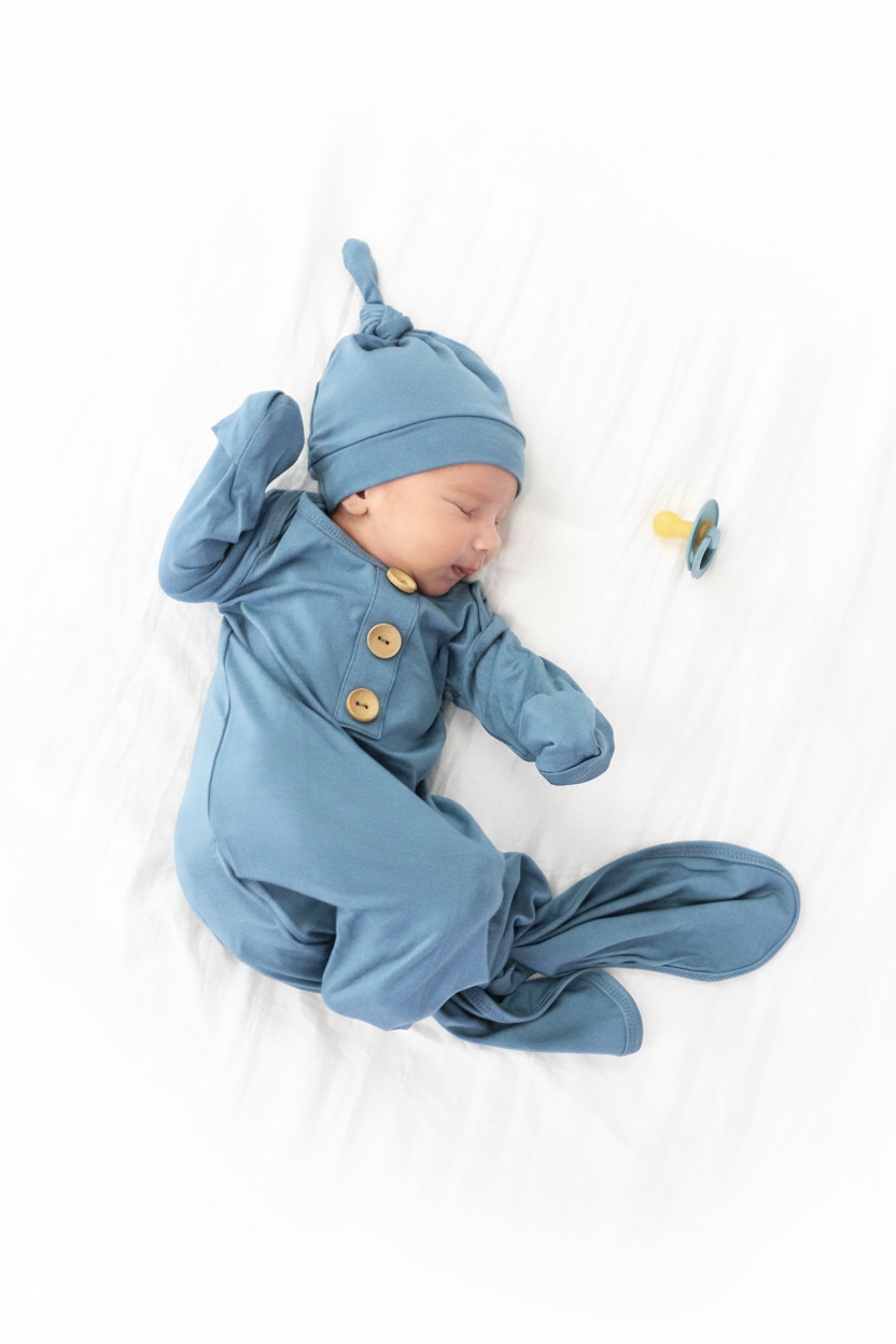 Solid Dusty Blue Bamboo Baby Knot Gown & Hat: Newborn / 7-14lbs+