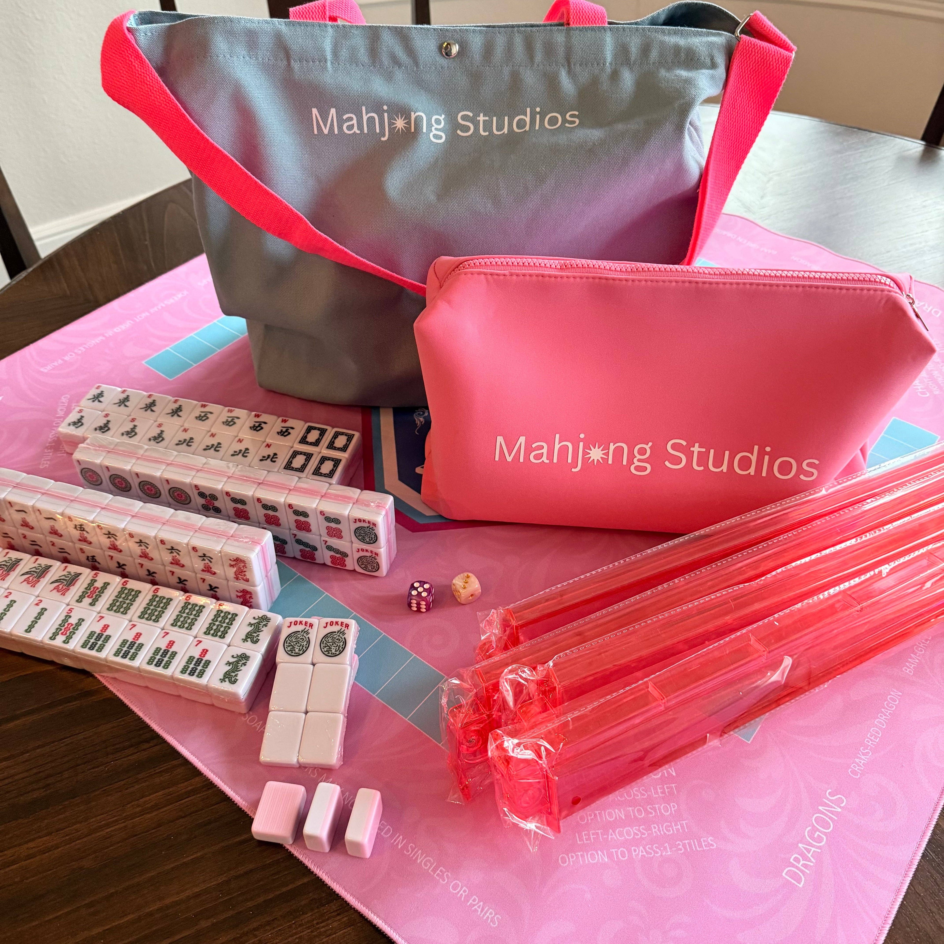 All In One - Mahjong Bundle - American Mahjong Set 166 2-Color Tiles - Pink Tiles and Mat: No Rack