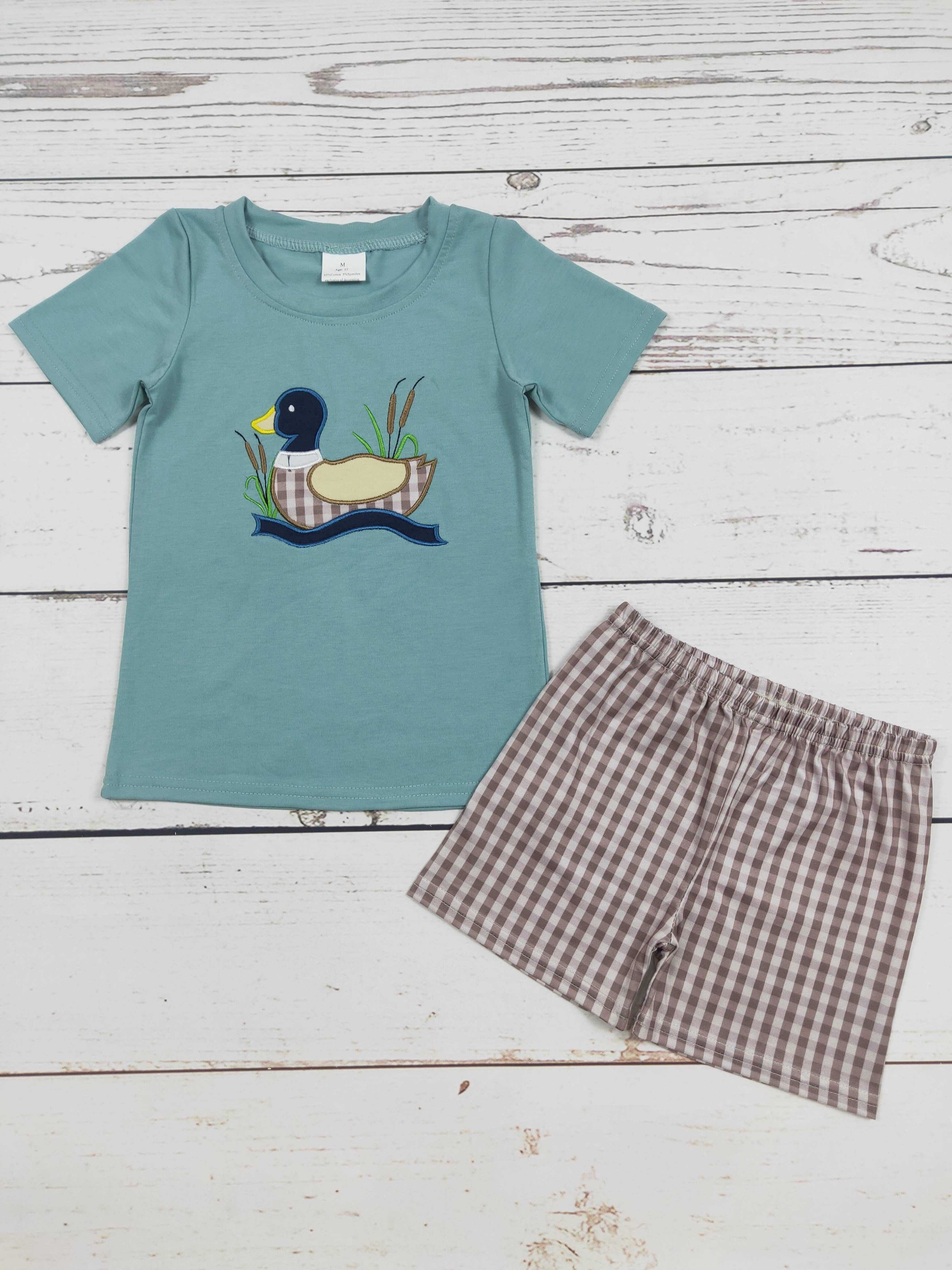 Boys Checkered Duck Appliqué Top Shorts Set: 4T