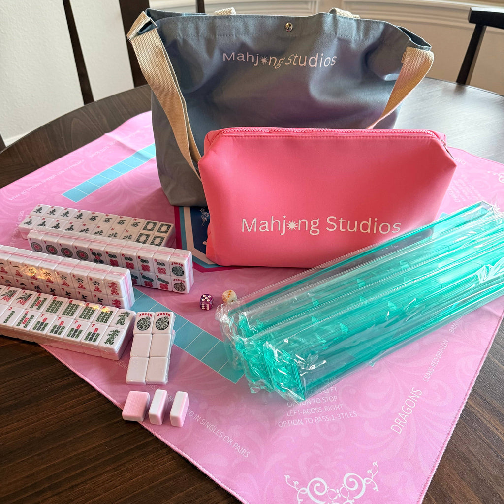 Mahjong Studios – Blush & Bamboo American Mahjong Tile Set (166 Tiles): All In One - Carry Bag (Blue/Tan)+ Tiles & Bag + Mat (Pink) + Racks (Red)+ Instructions
