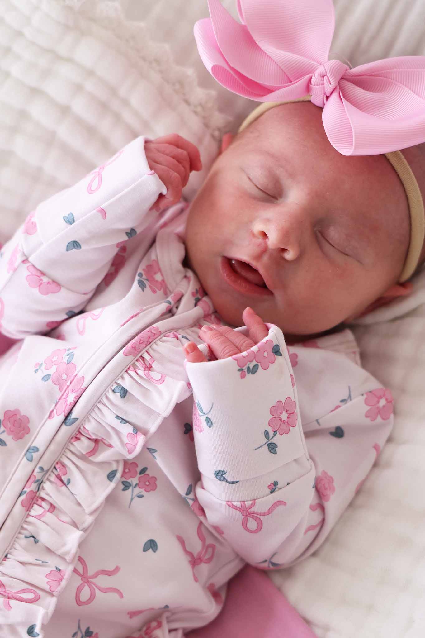 Ribbon & Roses Ruffle Zipper Footie | Pink: 6-9 months
