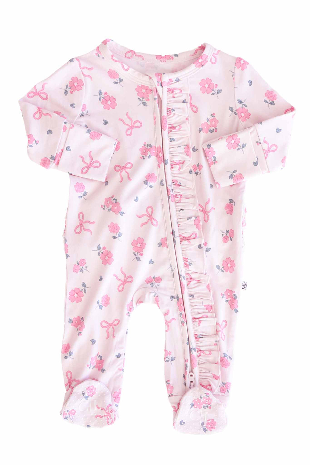 Ribbon & Roses Ruffle Zipper Footie | Pink: 6-9 months