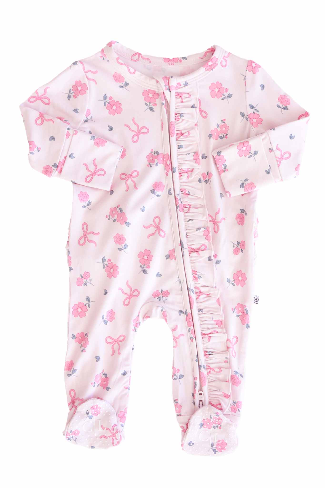 Ribbon & Roses Ruffle Zipper Footie | Pink: 6-9 months