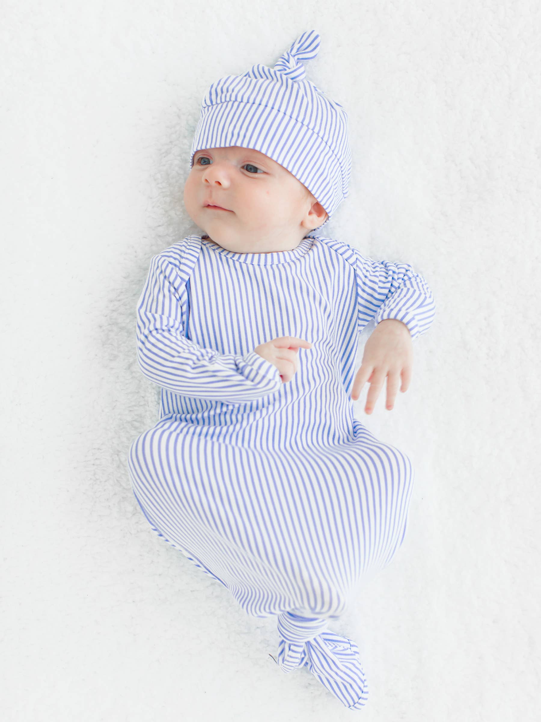 SoftSnooze™ Baby Boys Bamboo Viscose Periwinkle & White Micro Stripe Knotted Sleep Gown & Hat Set: Blue / Newborn-3m