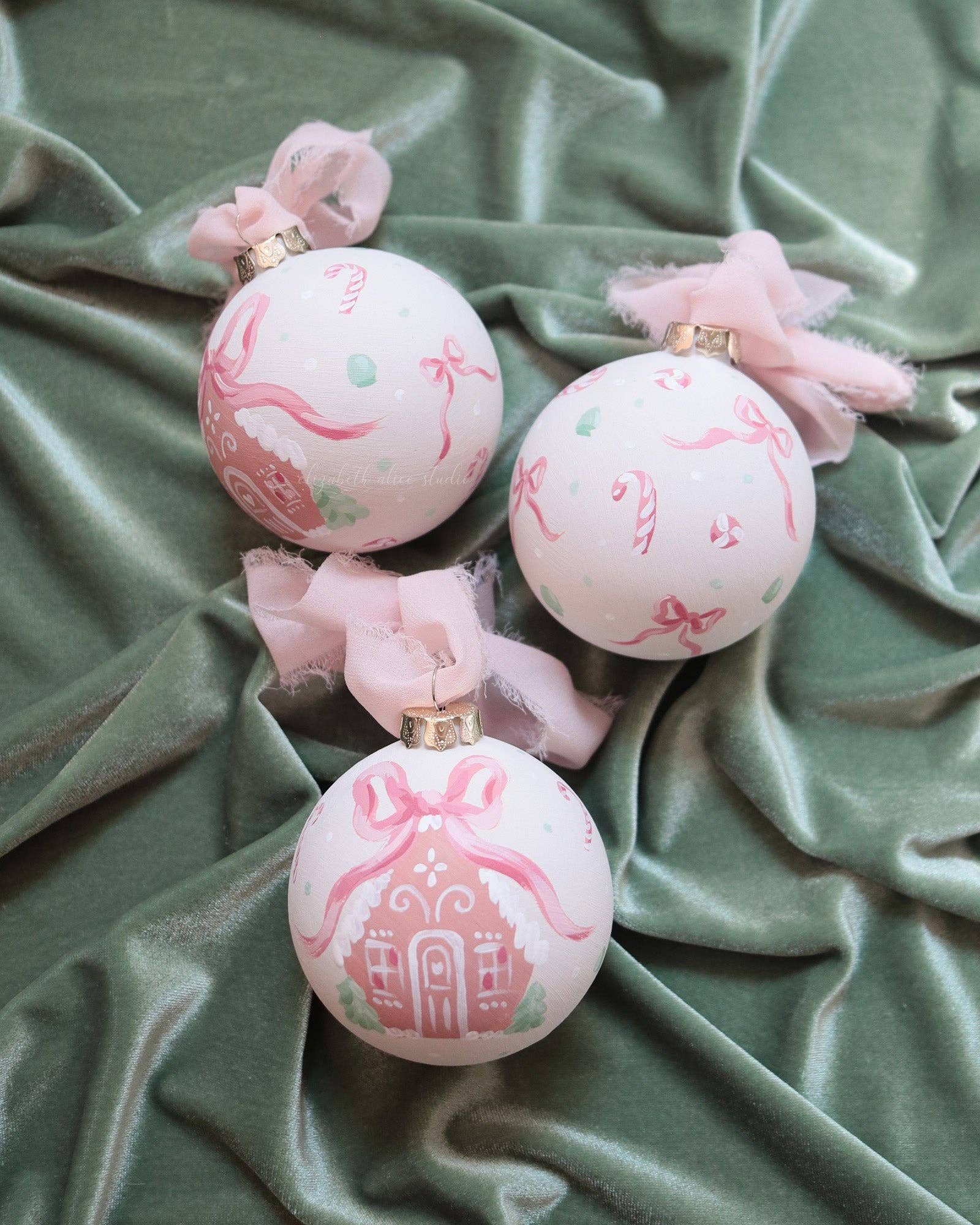 Pink gingerbread house hand-painted ornament: No year (bows and candy on reverse)