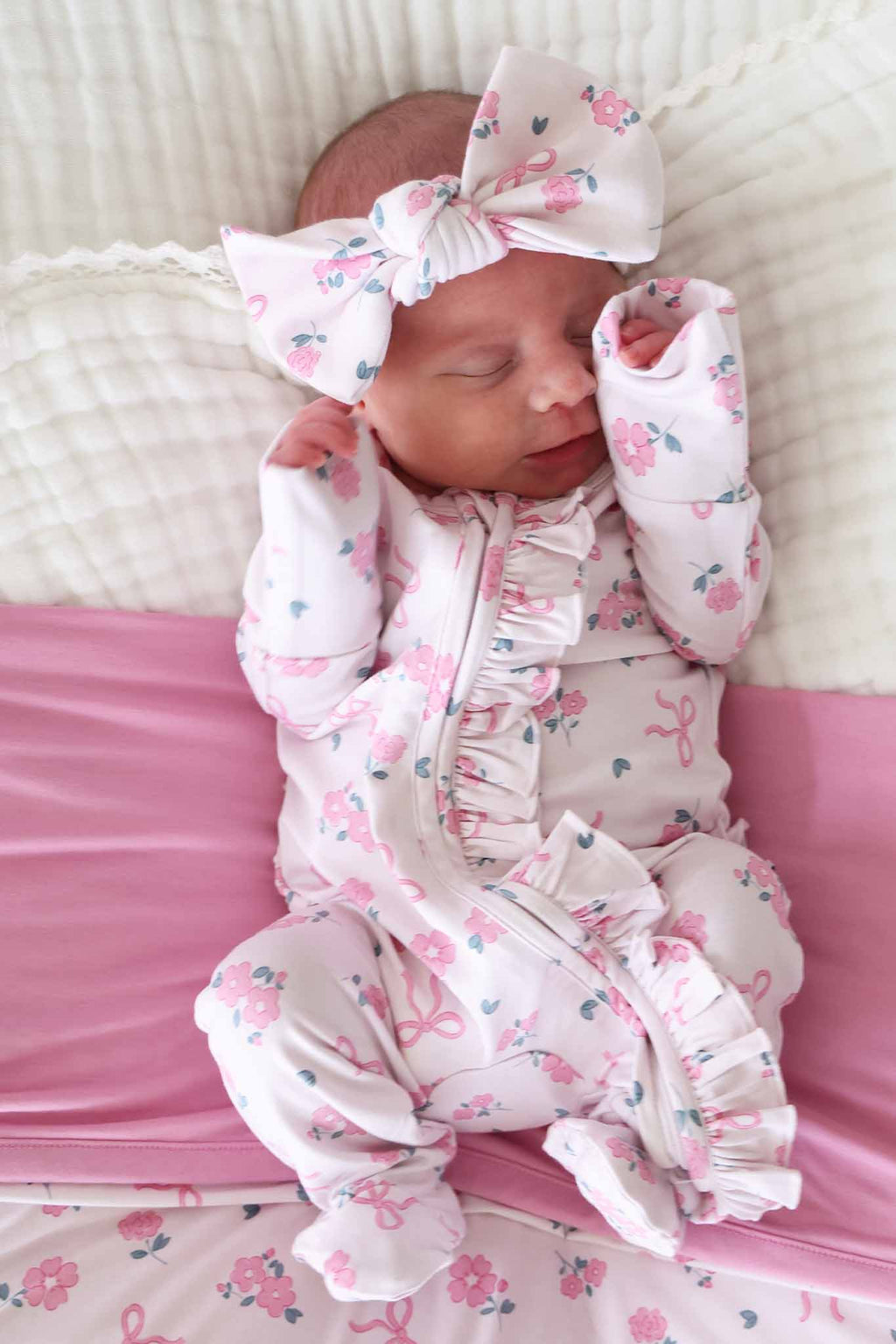 Ribbon & Roses Ruffle Zipper Footie | Pink: 6-9 months