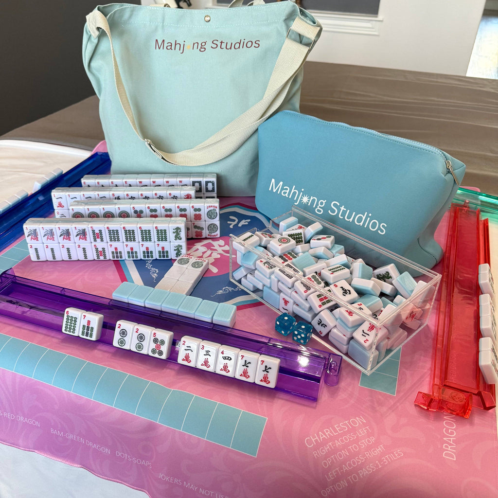 American Mahjong Set 166 Tiles Bundle - Green Bag Pink Mat 2-color blue tiles: Bright Multi