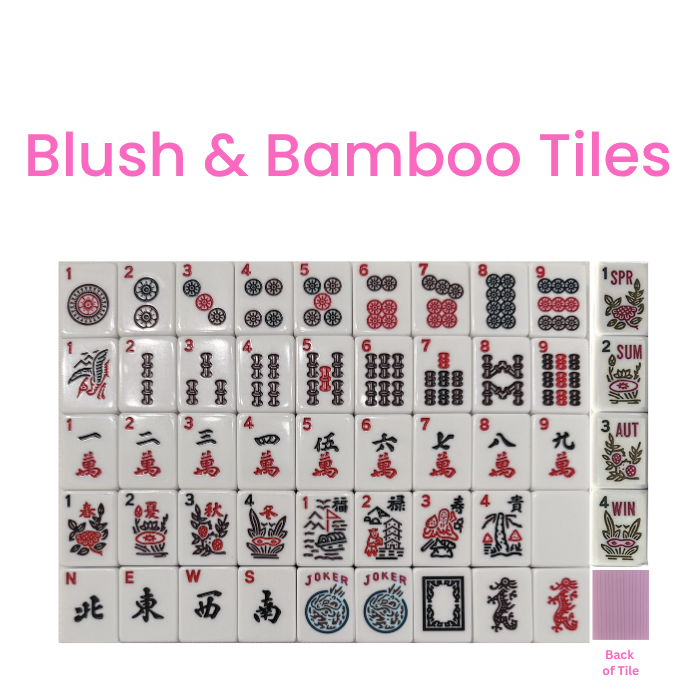 Mahjong Studios – Blush & Bamboo American Mahjong Tile Set (166 Tiles): All In One - Carry Bag (Blue/Tan)+ Tiles & Bag + Mat (Pink) + Racks (Red)+ Instructions