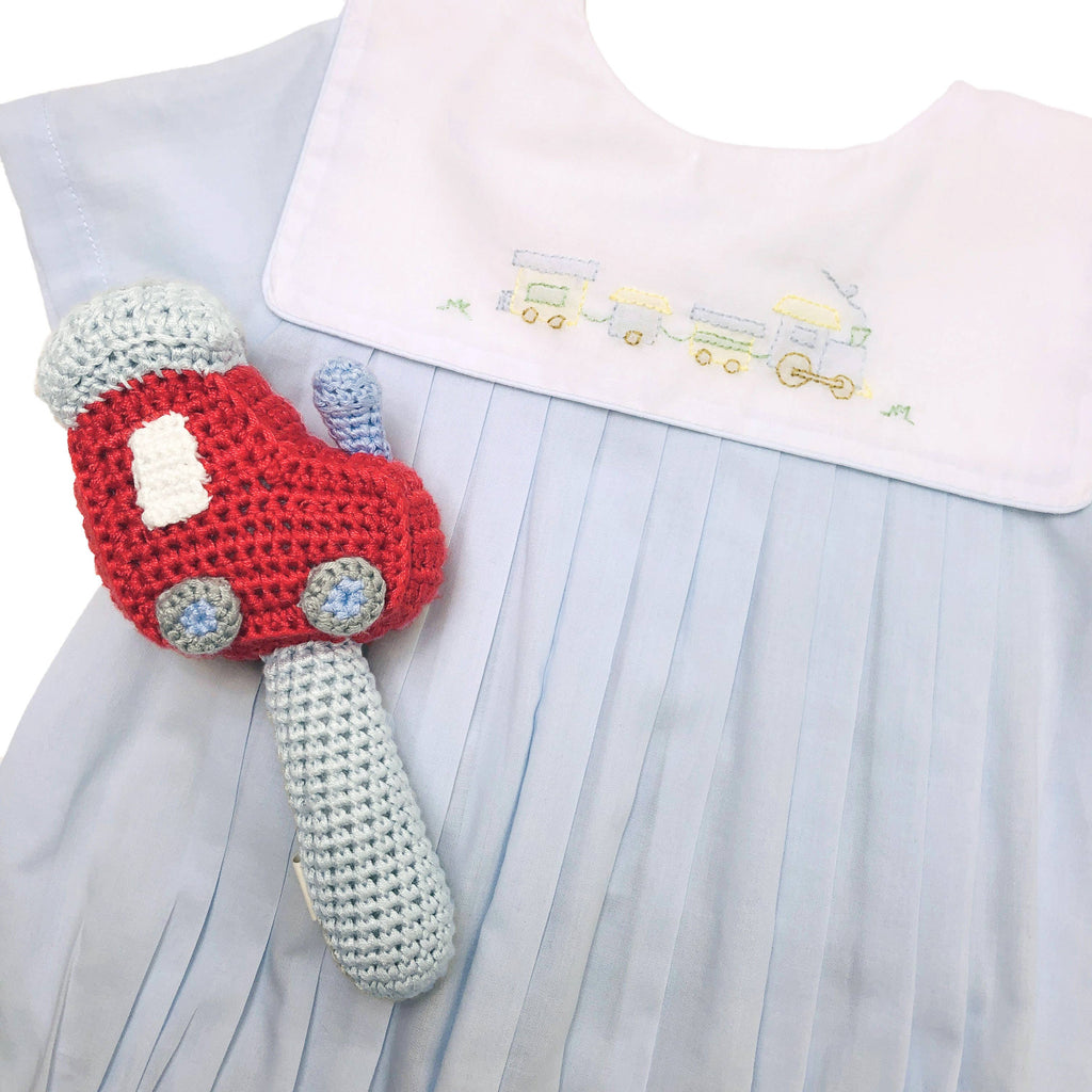 Romper with Train Embroidery in Blue: 9 Month