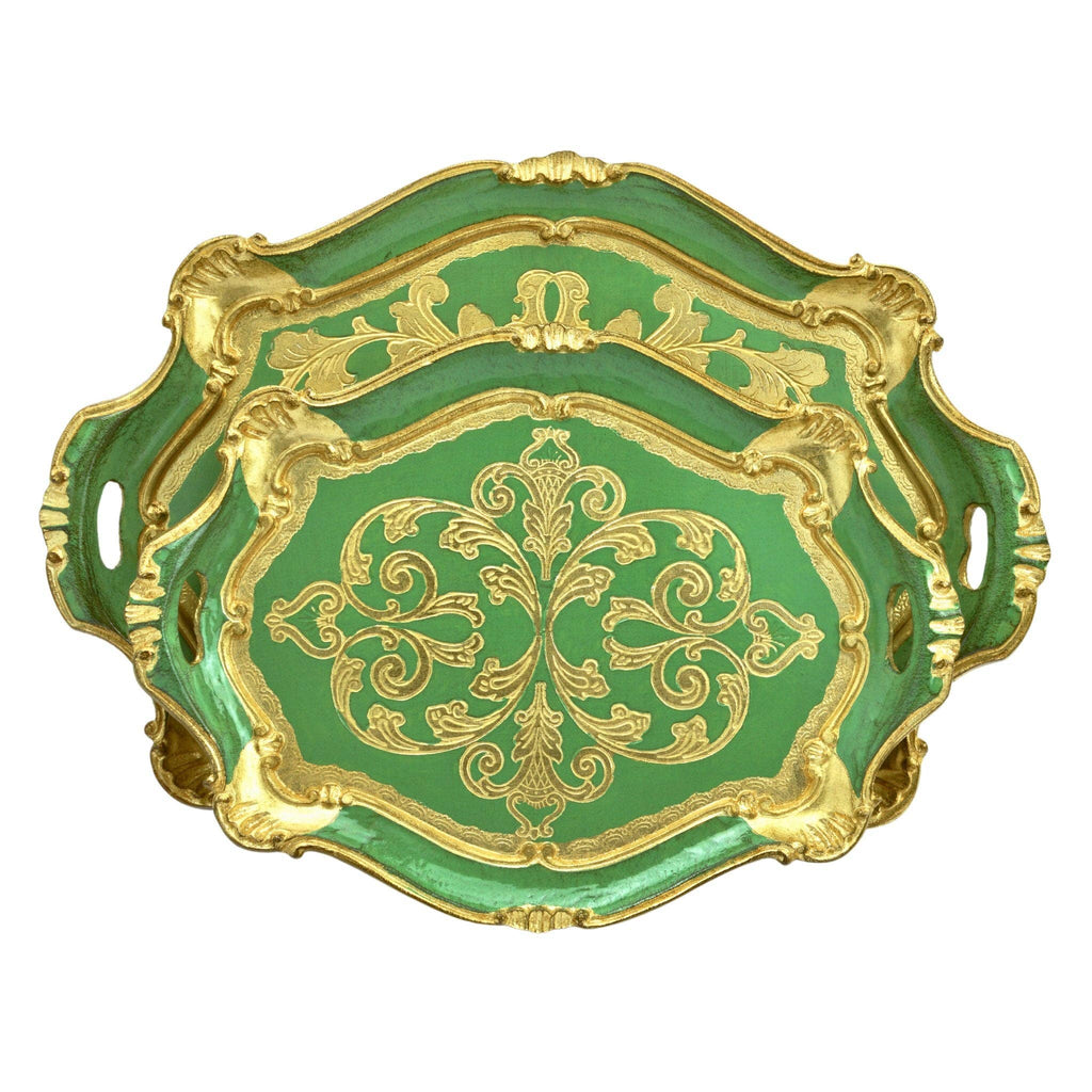 Florentine Carved Oval Scalloped Wood Tray with Handles: Capri Blue / Medium