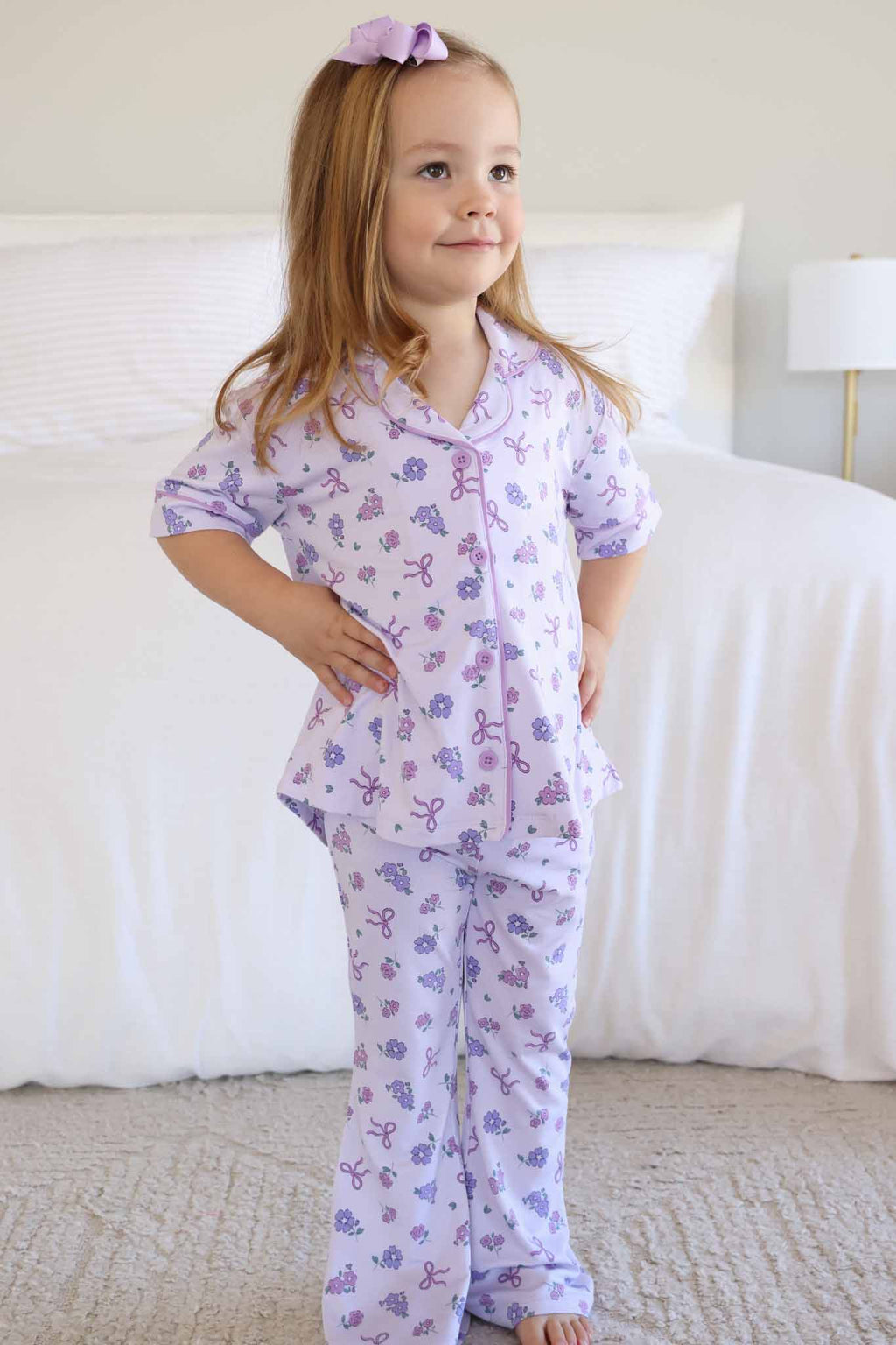 Girl's Two Piece Flare Lounge Set | Ribbon & Roses Purple: 18-24 months